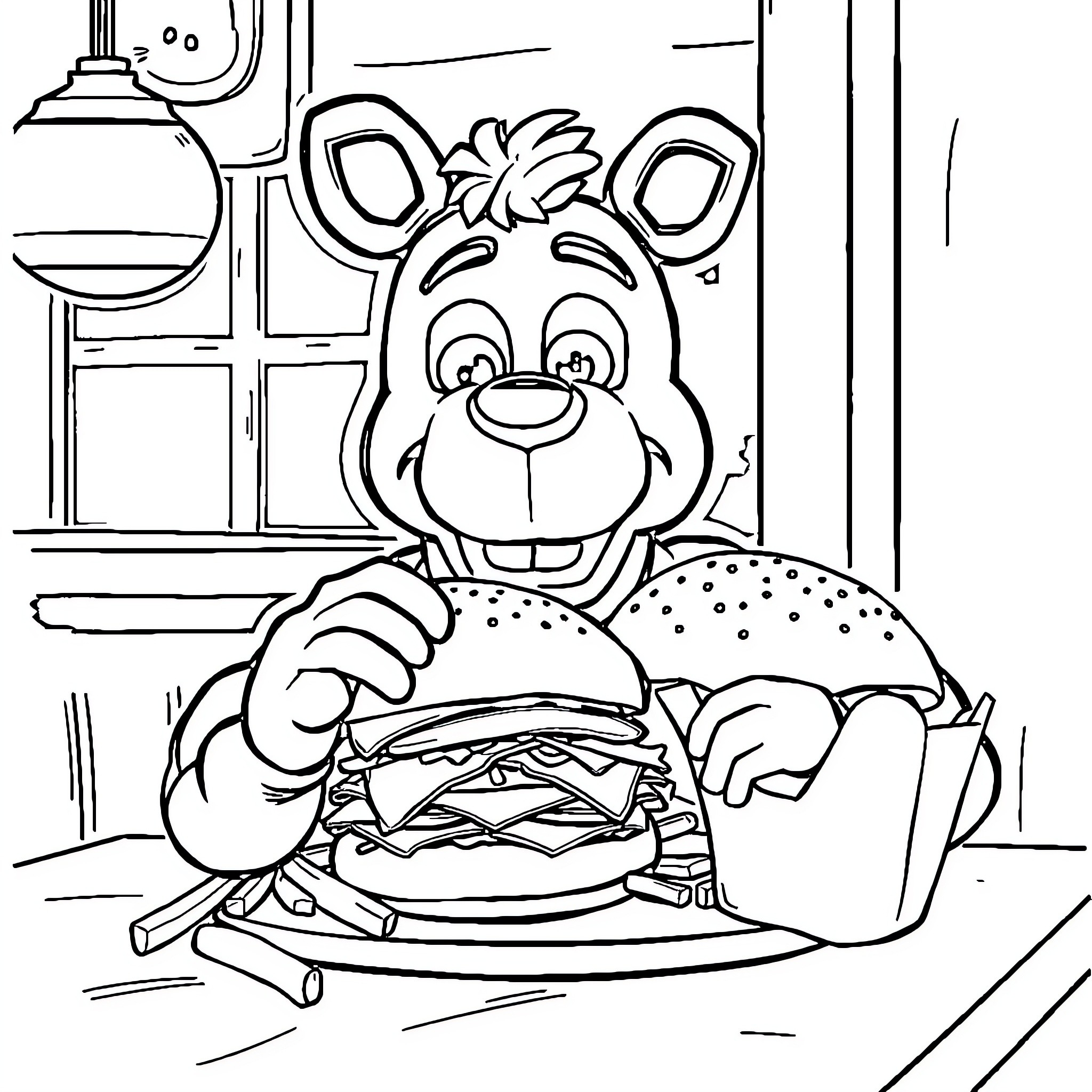 FNAF character eating a burger in a diner Coloring Page (free black-and-white line drawing printable PDF for all, from beginners to advanced learners, including children, teens, adults, and seniors)