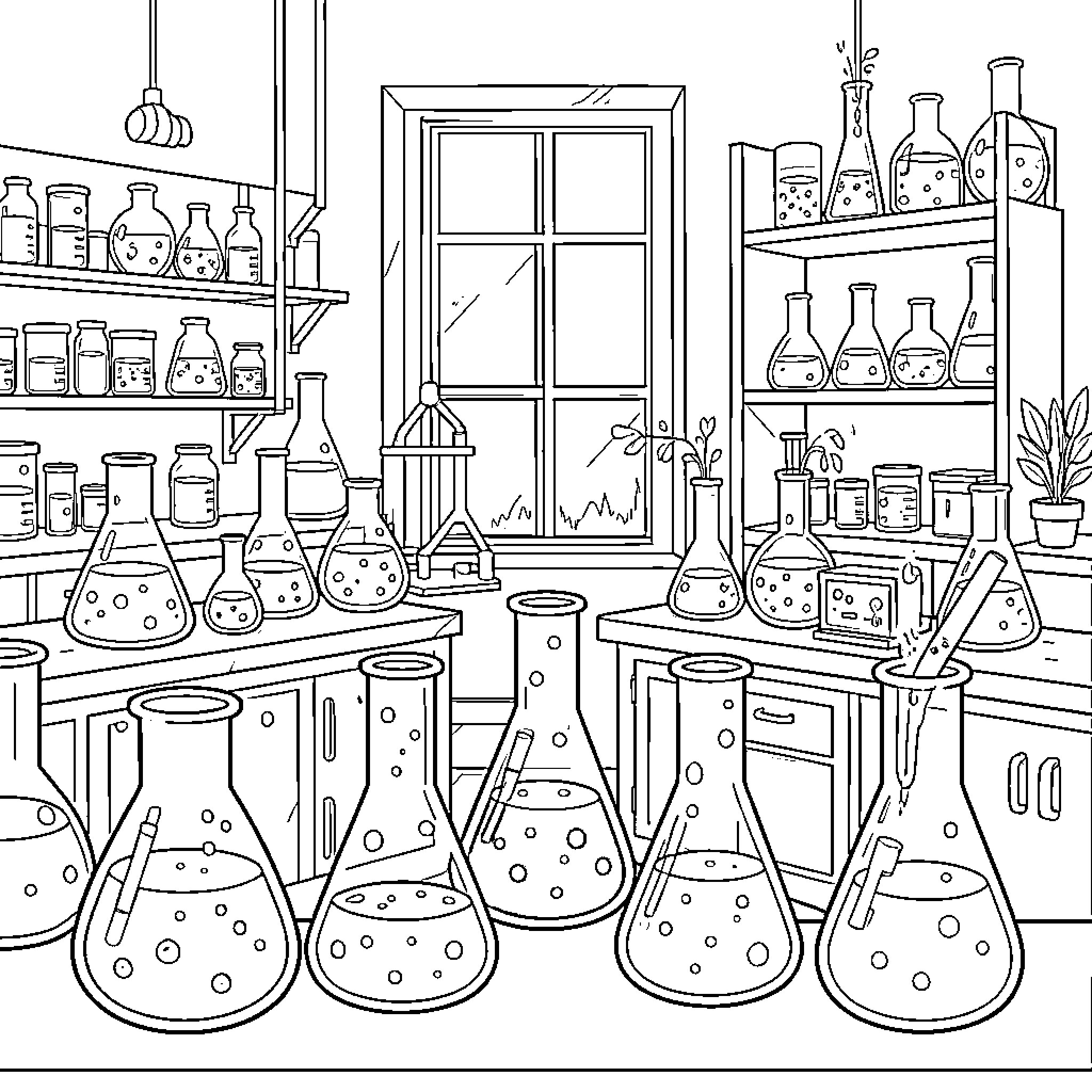 Chemistry Lab with Scientific Glassware and Equipment Coloring Page (free black-and-white line drawing printable PDF for all, from beginners to advanced learners, including children, teens, adults, and seniors)