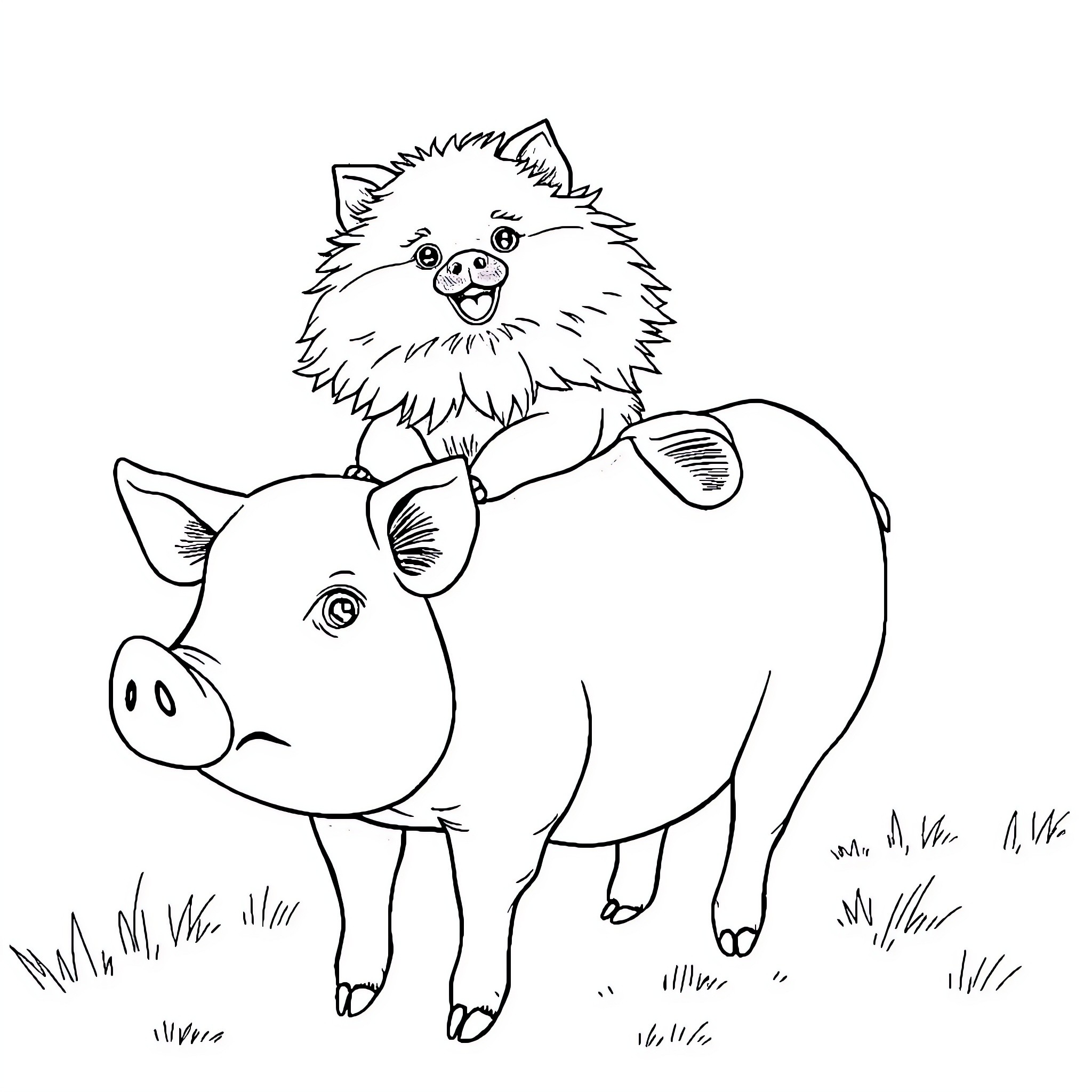 Pomeranian riding happily on a pig Coloring Page (free black-and-white line drawing printable PDF for all, from beginners to advanced learners, including children, teens, adults, and seniors)