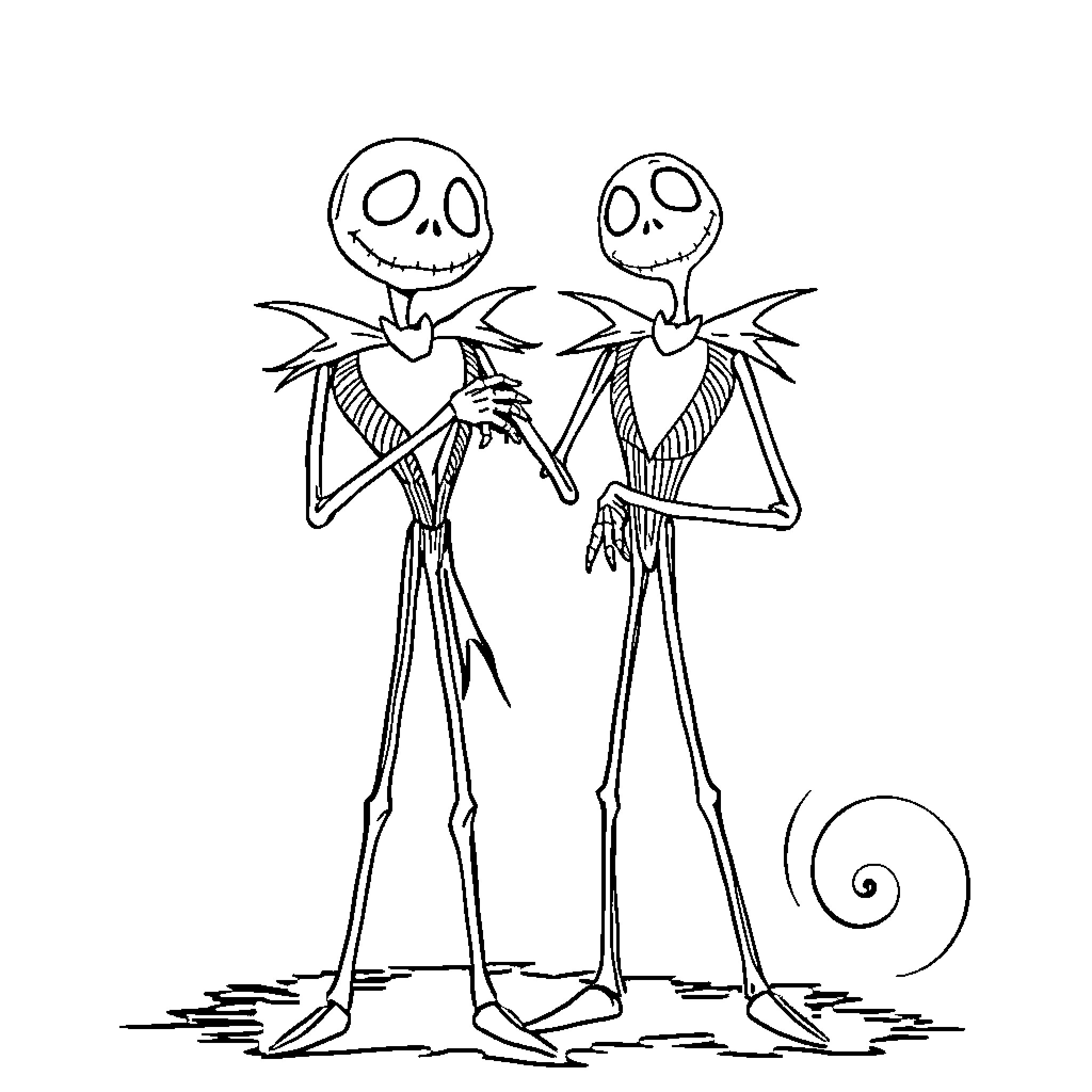 Jack Skellington and friend in spooky attire Coloring Page (free black-and-white line drawing printable PDF for all, from beginners to advanced learners, including children, teens, adults, and seniors)
