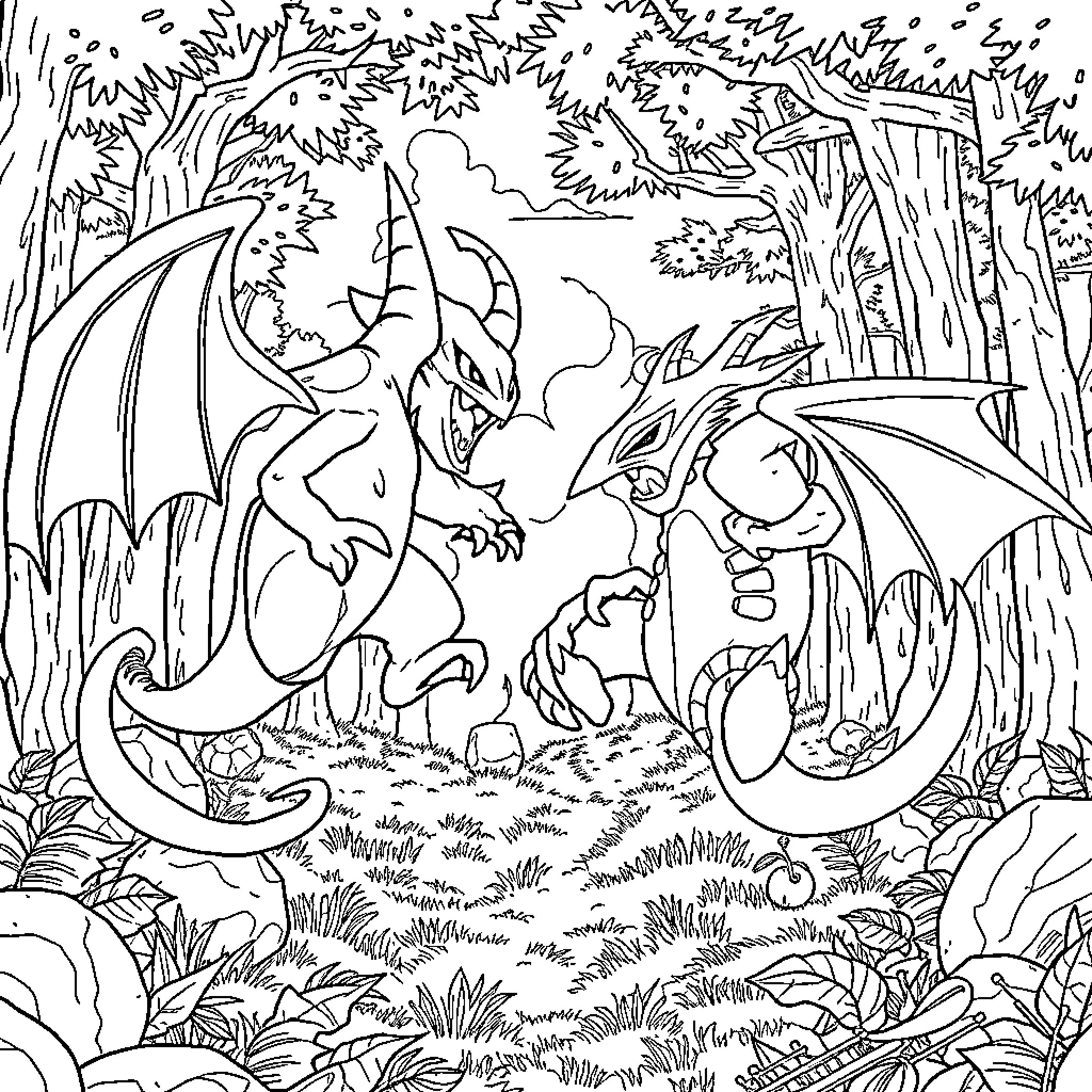 Gengar Haunting in the Enchanted Forest Coloring Page (free black-and-white line drawing printable PDF for all, from beginners to advanced learners, including children, teens, adults, and seniors)