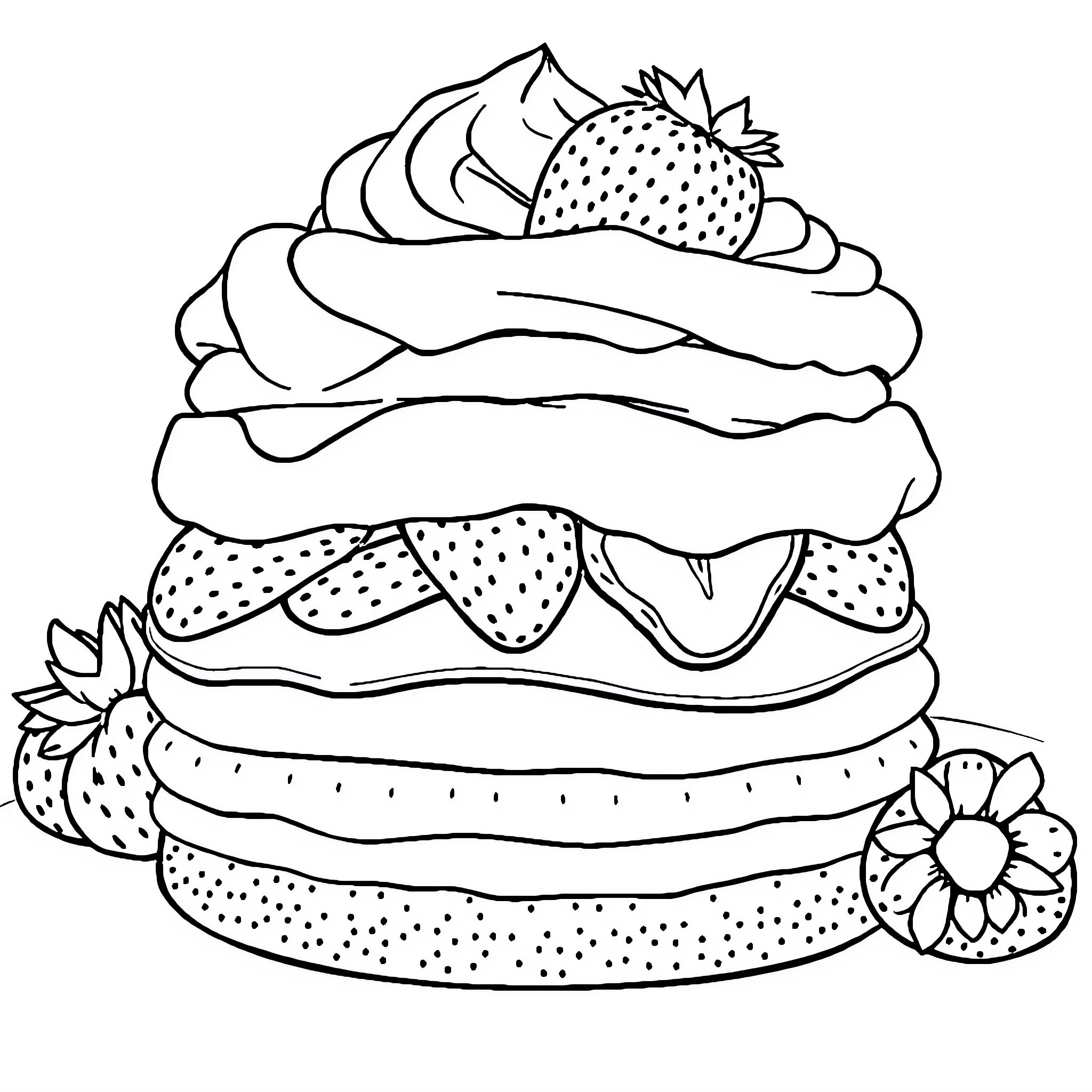 Strawberry Shortcake with Delightful Dessert Coloring Page (free black-and-white line drawing printable PDF for all, from beginners to advanced learners, including children, teens, adults, and seniors)