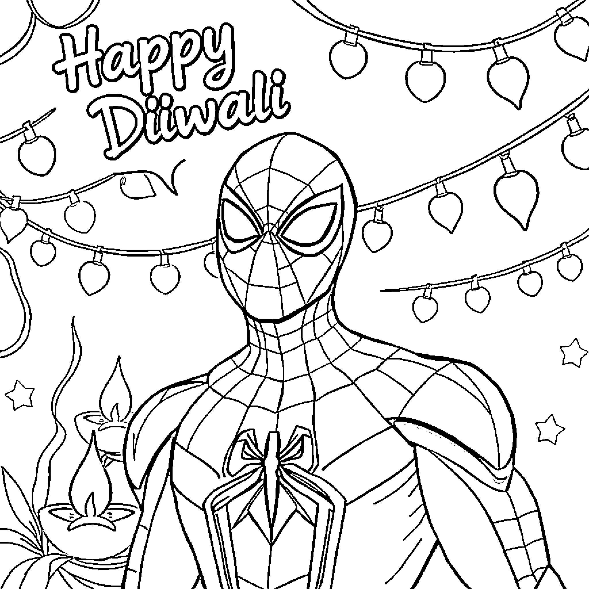 Spider-Man celebrating Diwali with decorations Coloring Page (free black-and-white line drawing printable PDF for all, from beginners to advanced learners, including children, teens, adults, and seniors)