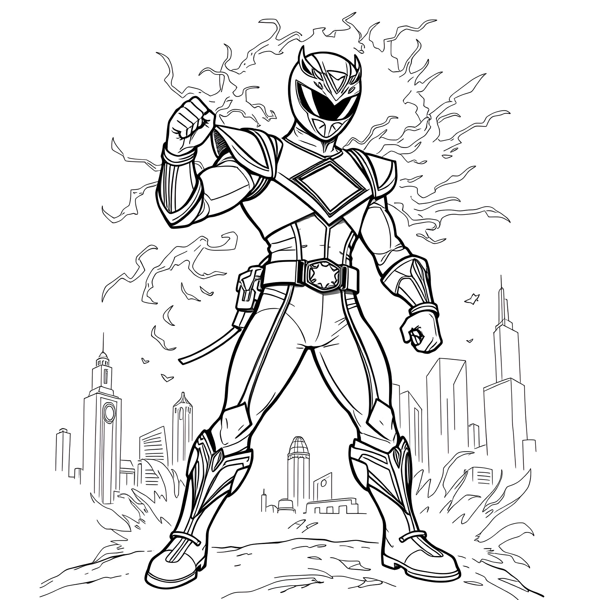 Power Ranger Battles Fiercely in the City Coloring Page (free black-and-white line drawing printable PDF for all, from beginners to advanced learners, including children, teens, adults, and seniors)