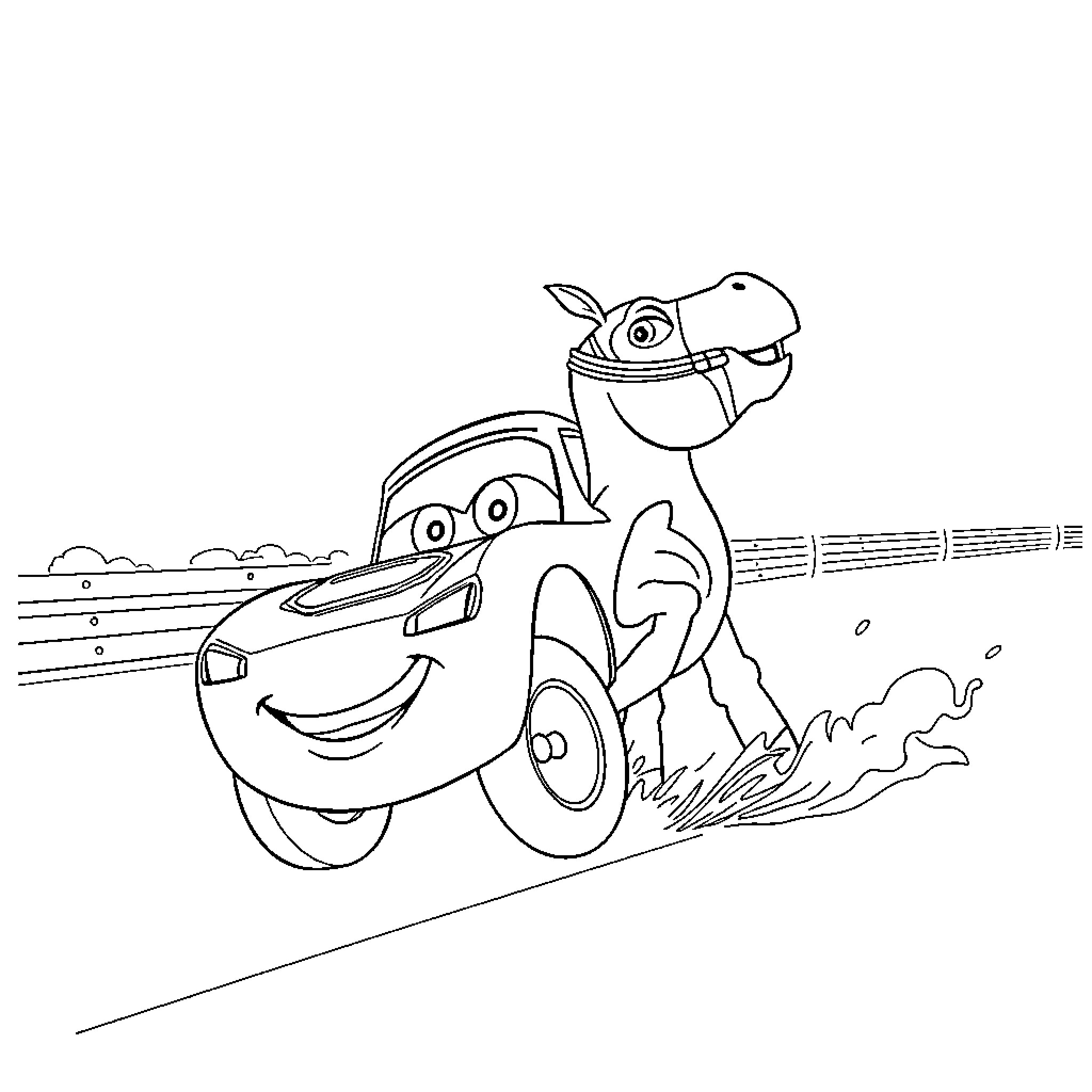Rayo McQueen racing with dinosaur friend Coloring Page (free black-and-white line drawing printable PDF for all, from beginners to advanced learners, including children, teens, adults, and seniors)
