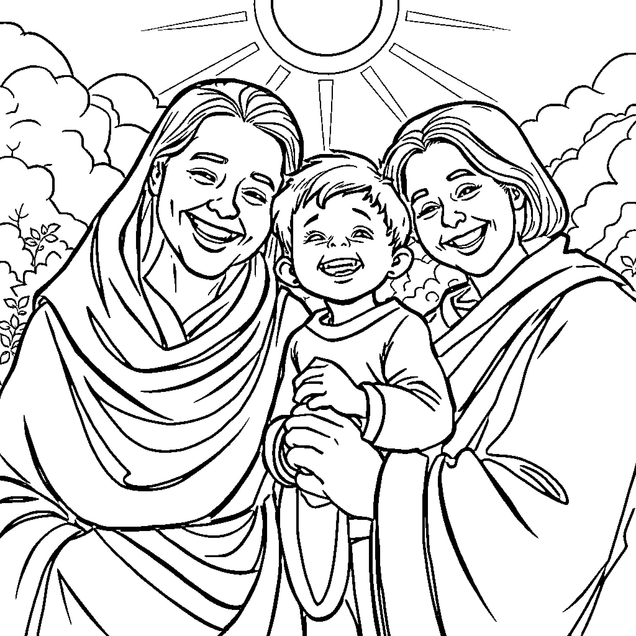 Boy embraced by loving family in nature Coloring Page (free black-and-white line drawing printable PDF for all, from beginners to advanced learners, including children, teens, adults, and seniors)