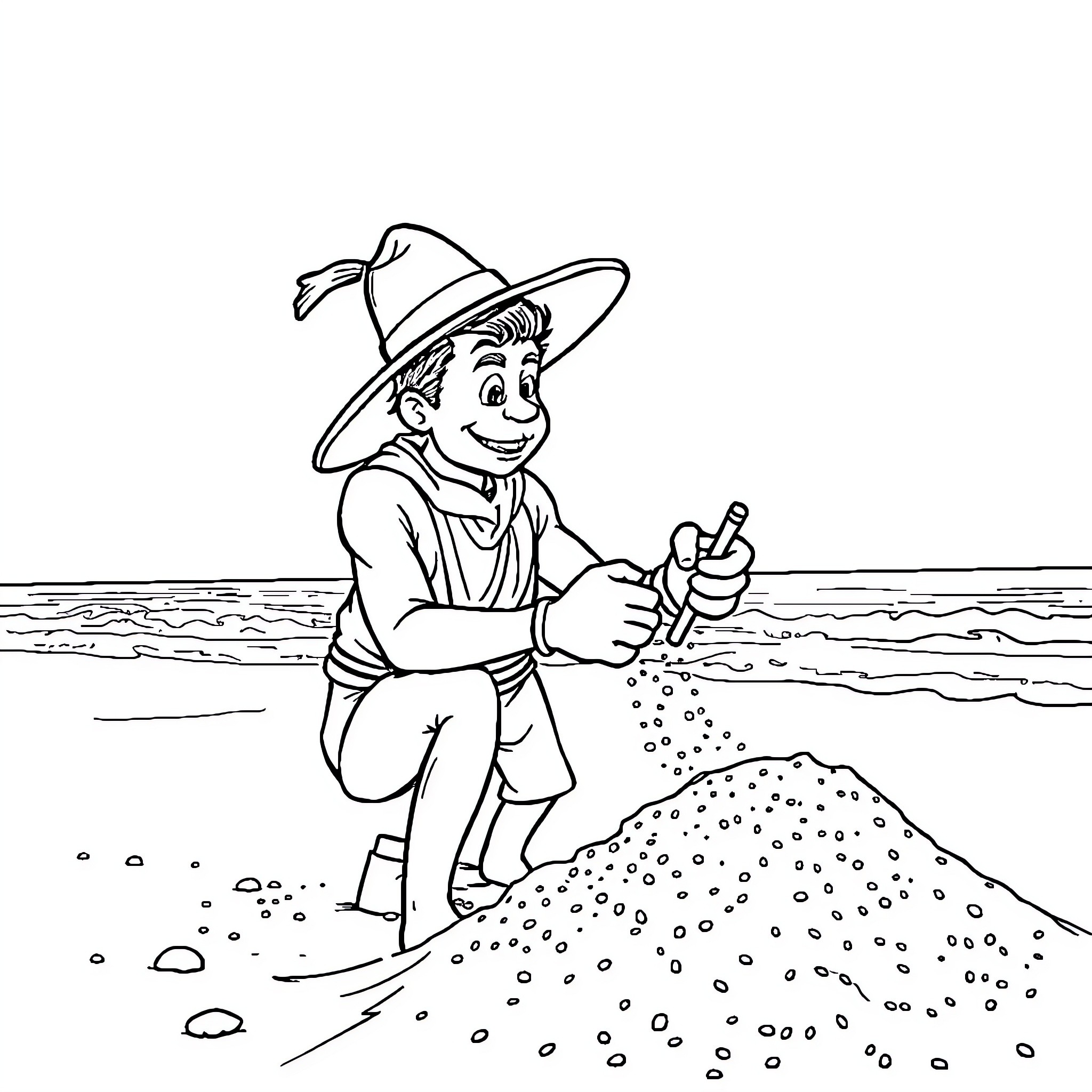 Bonhomme exploring and discovering on the beach Coloring Page (free black-and-white line drawing printable PDF for all, from beginners to advanced learners, including children, teens, adults, and seniors)