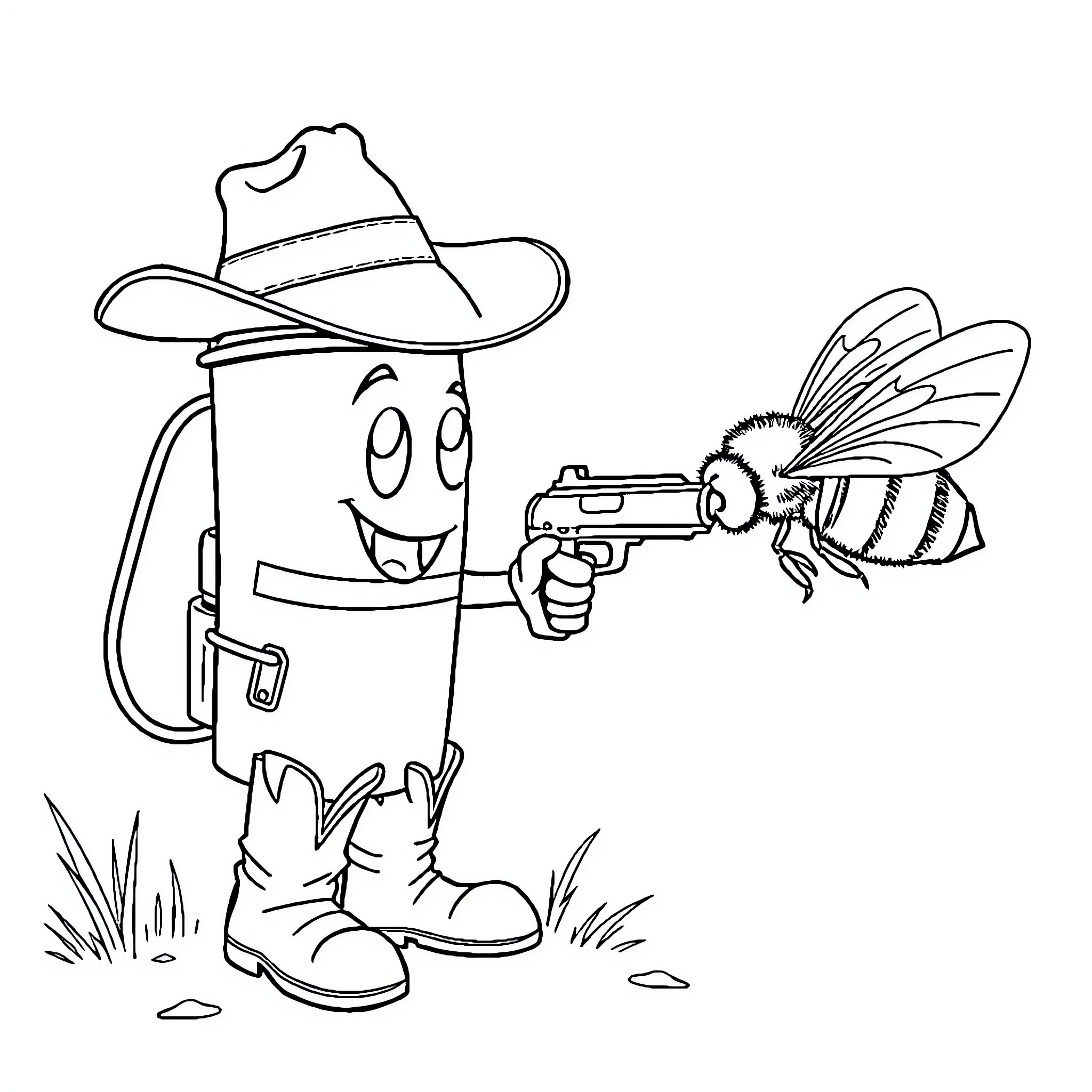 Bug Spray Gunning Down Wasp in the Wild Coloring Page (free black-and-white line drawing printable PDF for all, from beginners to advanced learners, including children, teens, adults, and seniors)