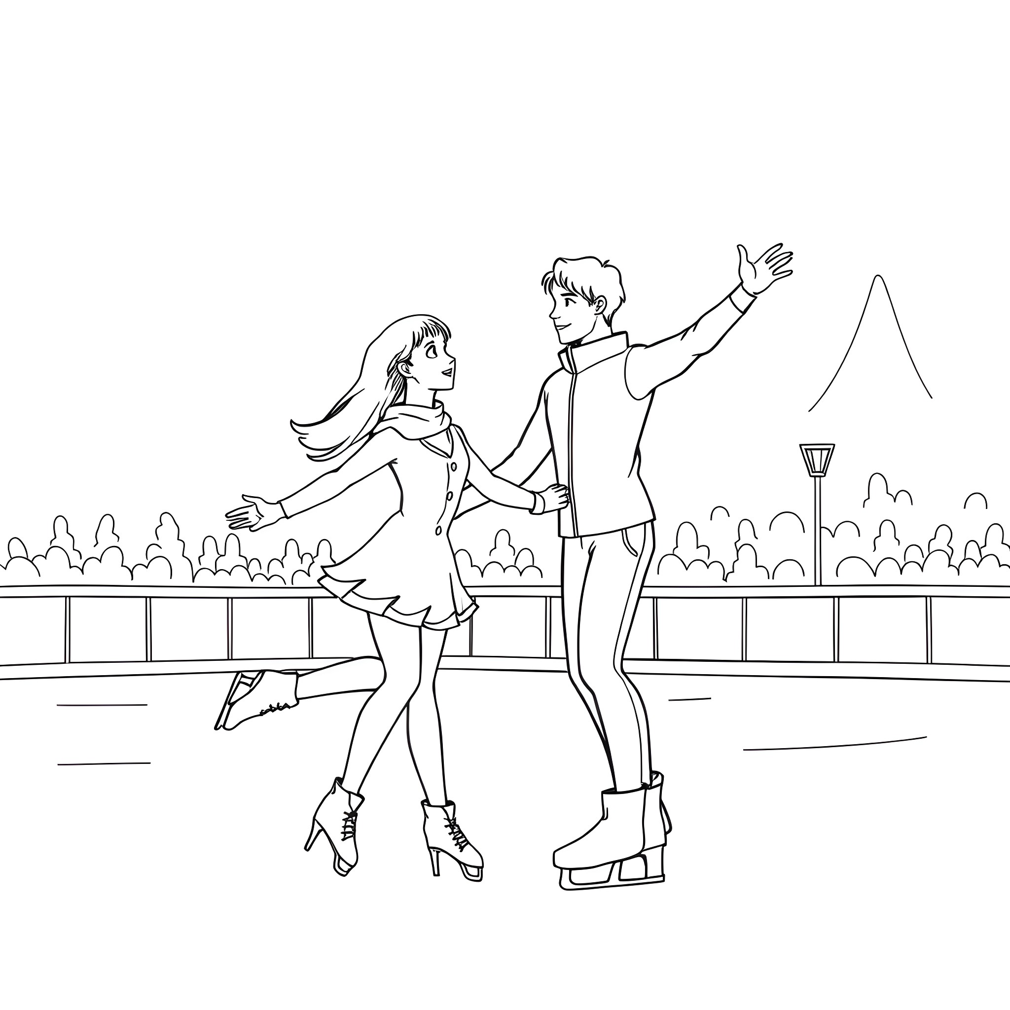 Yuri on Ice: Figure Skaters Performing Gracefully on the Rink Coloring Page (free black-and-white line drawing printable PDF for all, from beginners to advanced learners, including children, teens, adults, and seniors)