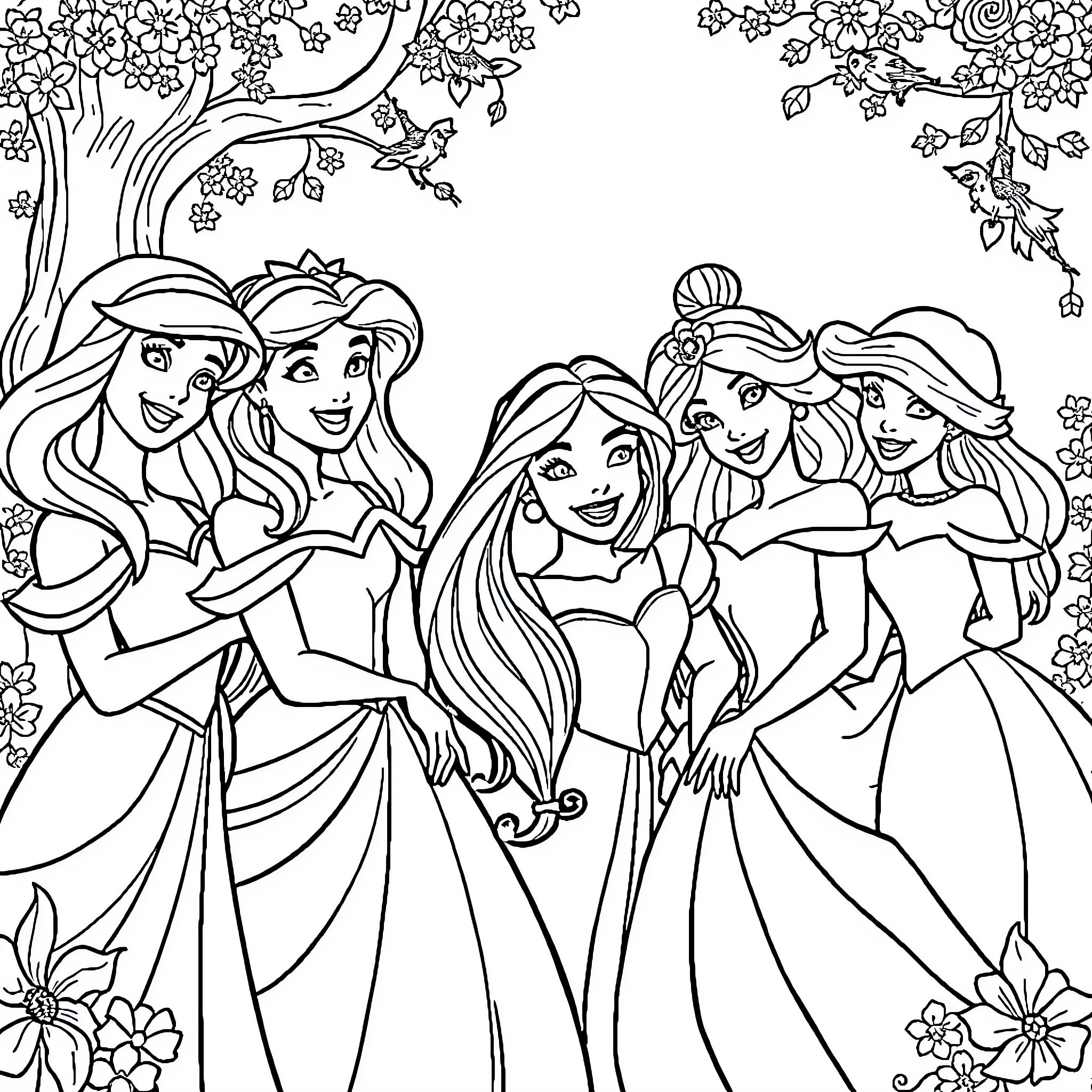 Disney Princesses Gathered in Enchanted Forest Coloring Page (free black-and-white line drawing printable PDF for all, from beginners to advanced learners, including children, teens, adults, and seniors)