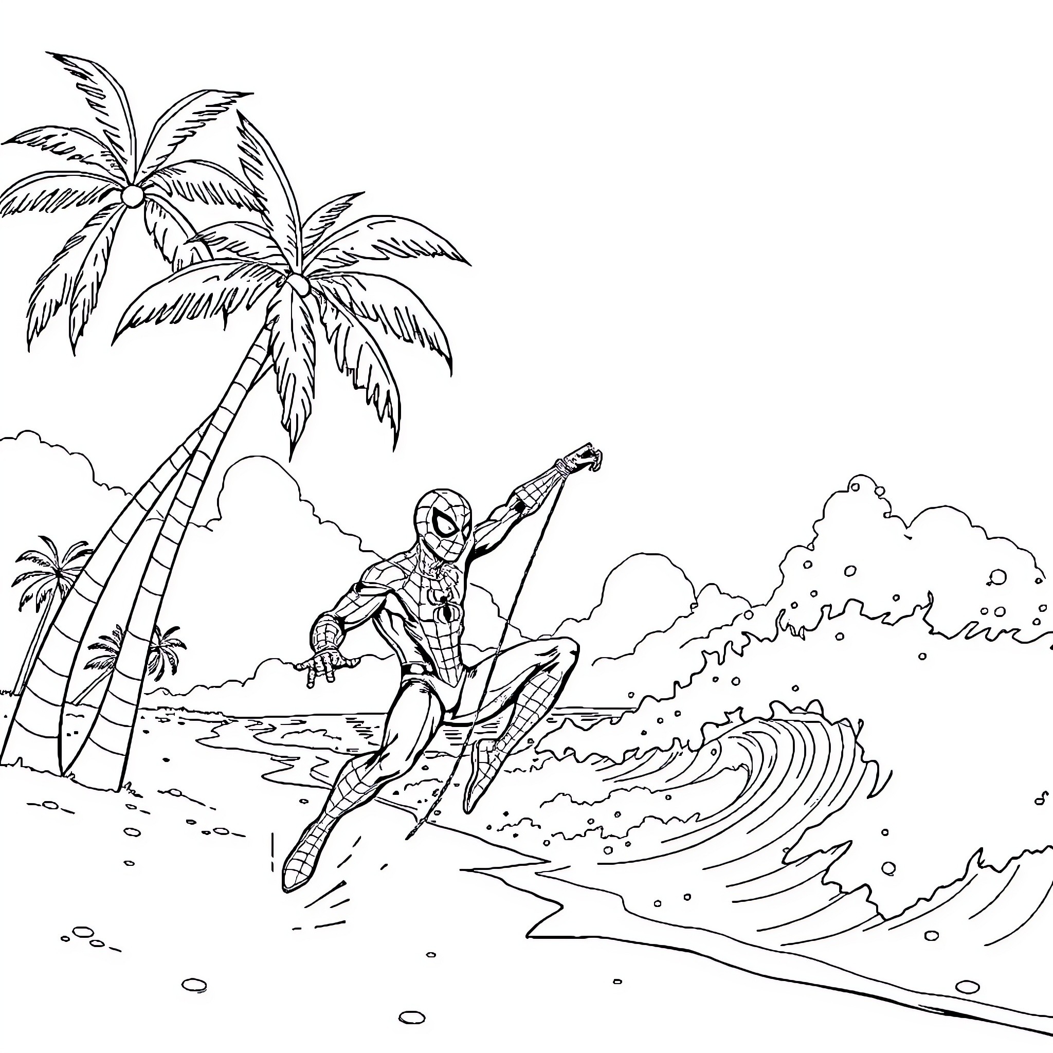 Beachspiderman surfing on giant wave Coloring Page (free black-and-white line drawing printable PDF for all, from beginners to advanced learners, including children, teens, adults, and seniors)