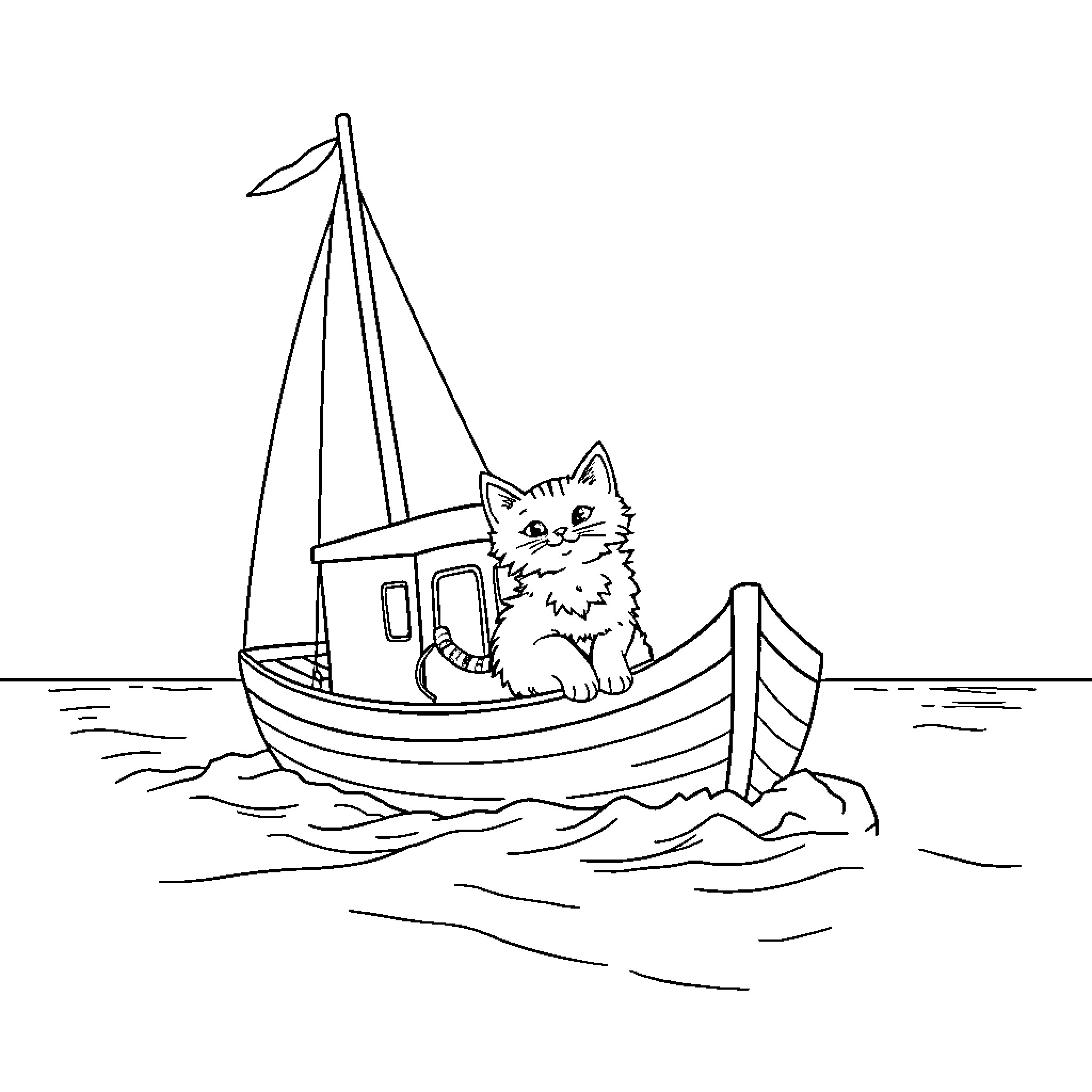 Vessel with a Feline Passenger on the Water Coloring Page (free black-and-white line drawing printable PDF for all, from beginners to advanced learners, including children, teens, adults, and seniors)