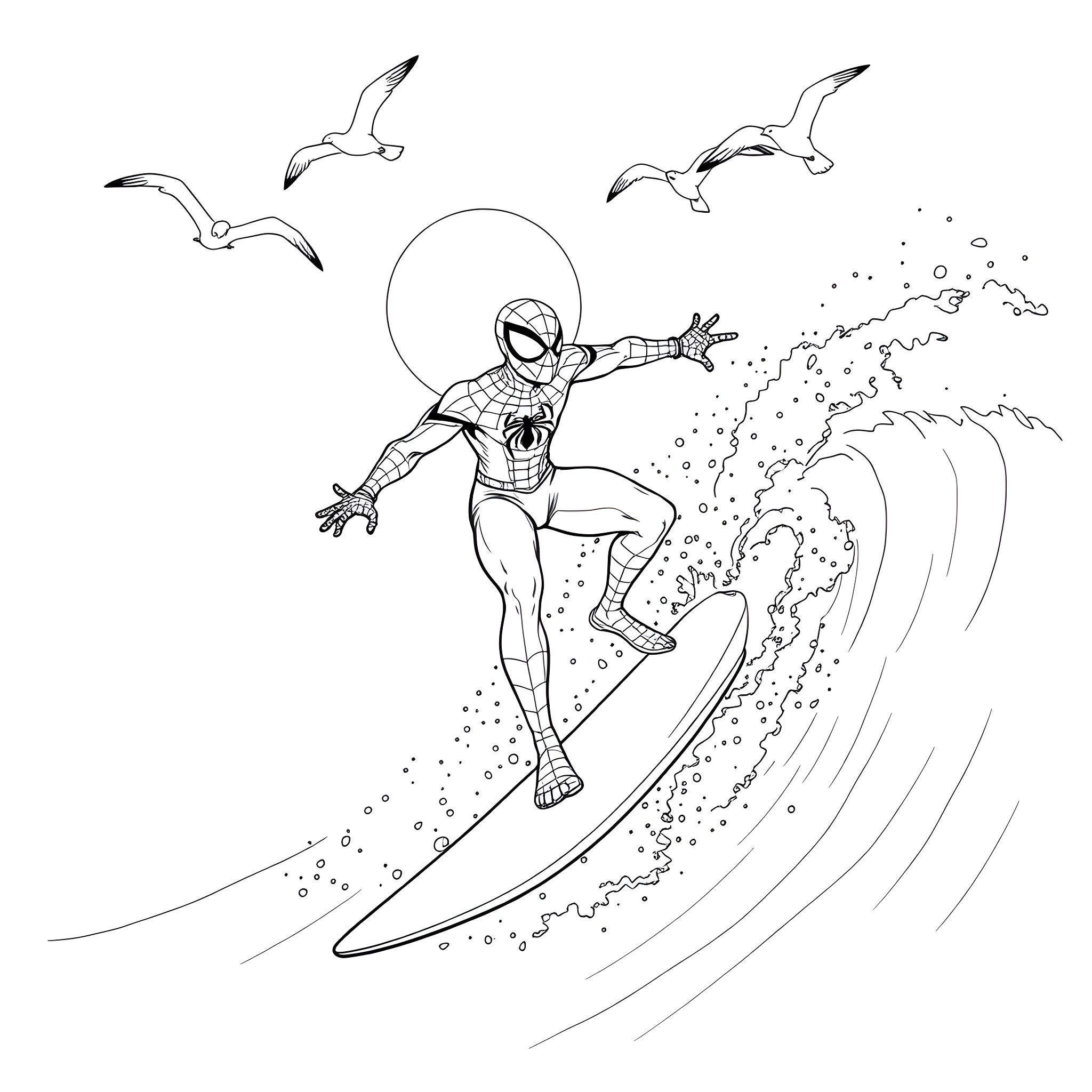Spiderman surfing on a giant wave with seagulls Coloring Page (free black-and-white line drawing printable PDF for all, from beginners to advanced learners, including children, teens, adults, and seniors)