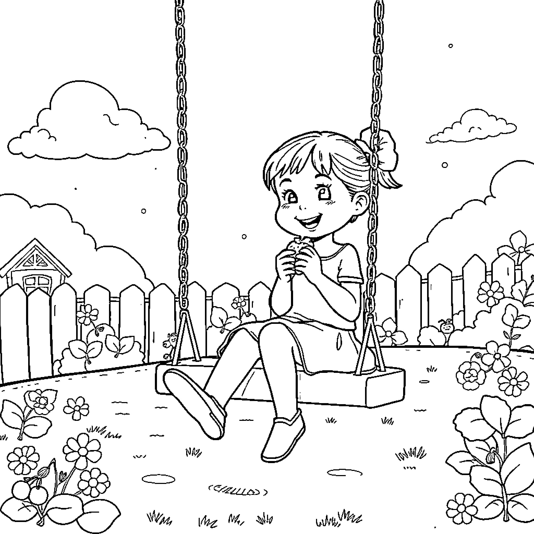 Girl enjoying swing in a vibrant garden Coloring Page (free black-and-white line drawing printable PDF for all, from beginners to advanced learners, including children, teens, adults, and seniors)