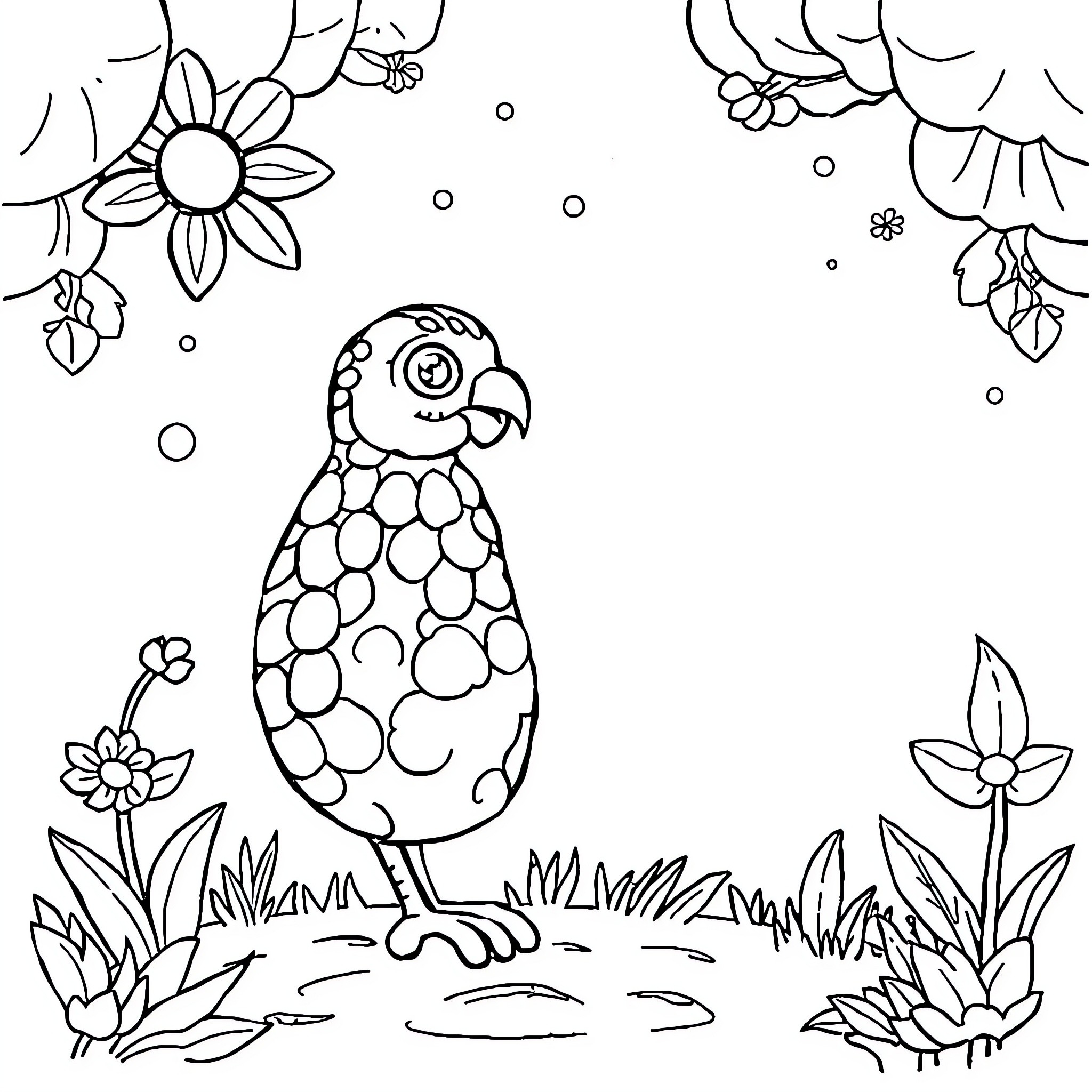 Game of Playful Polka Dot Chick in Flower Garden Coloring Page (free black-and-white line drawing printable PDF for all, from beginners to advanced learners, including children, teens, adults, and seniors)