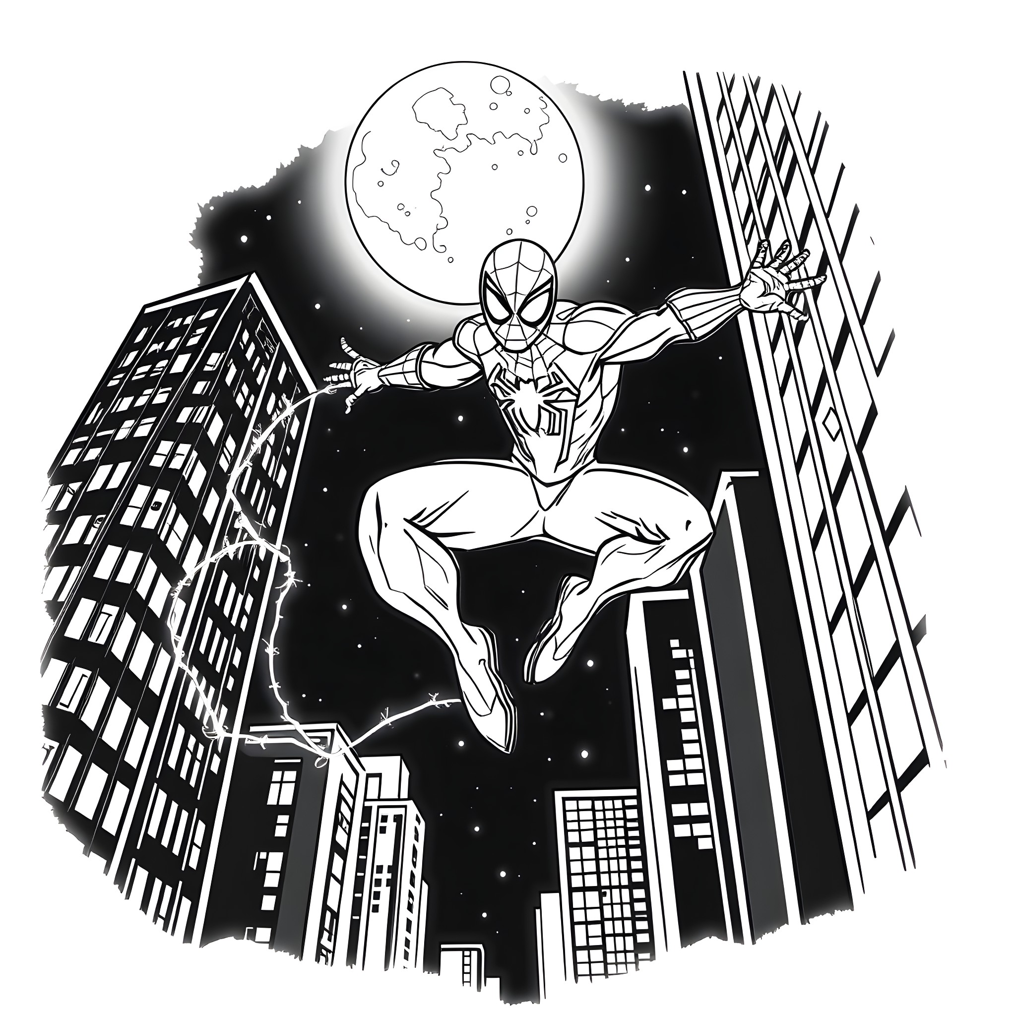 Ghost Spiderman swinging through the night city Coloring Page (free black-and-white line drawing printable PDF for all, from beginners to advanced learners, including children, teens, adults, and seniors)