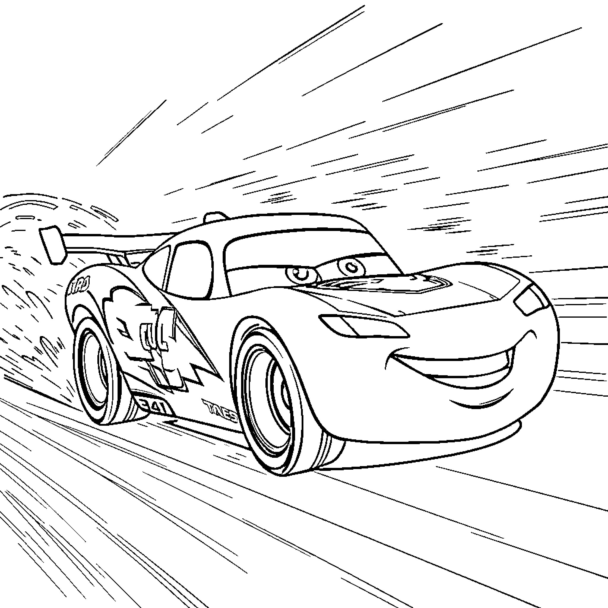 Lightning McQueen racing at high speed Coloring Page (free black-and-white line drawing printable PDF for all, from beginners to advanced learners, including children, teens, adults, and seniors)