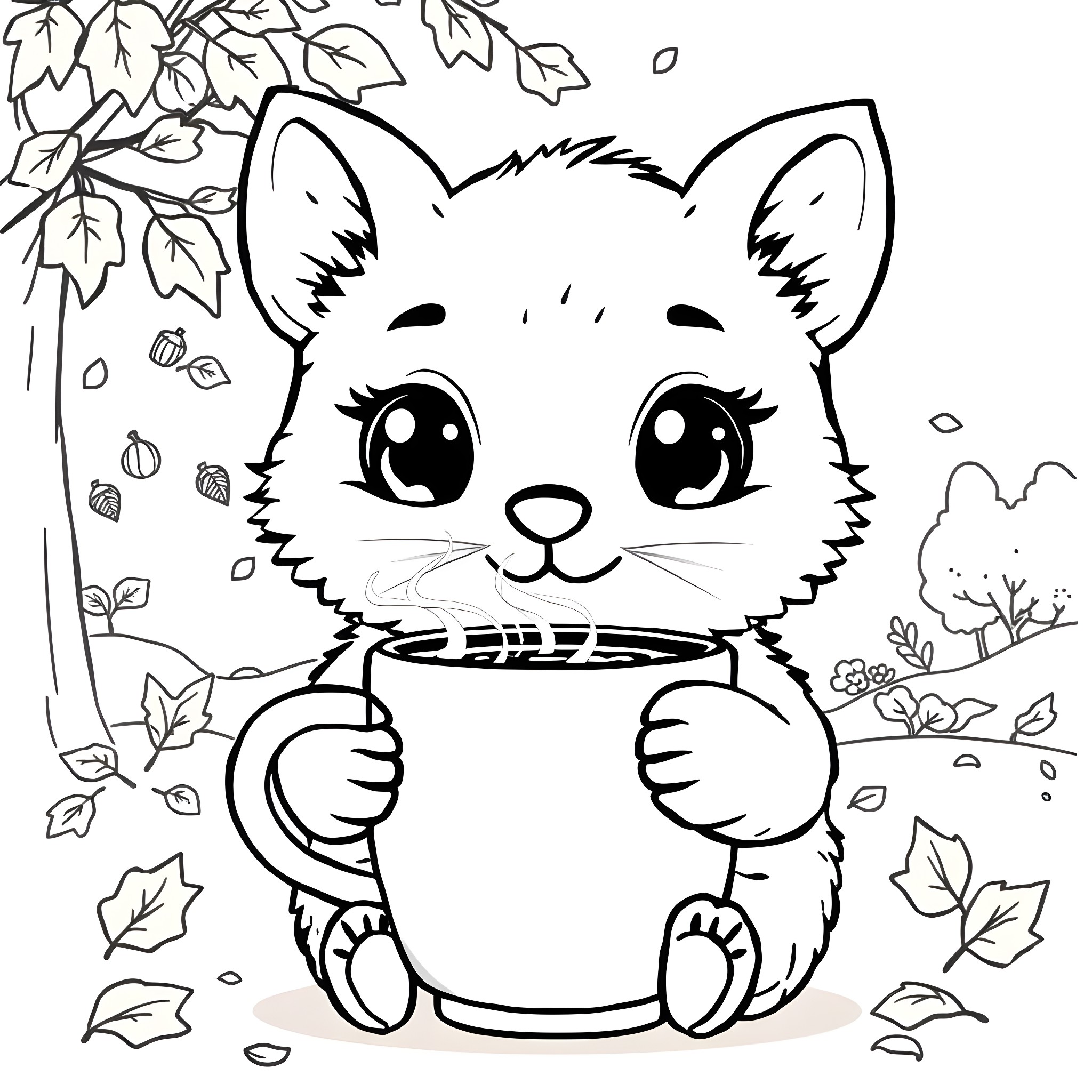 Kawaii Animal Enjoying Hot Drink in Autumn Leaves Coloring Page (free black-and-white line drawing printable PDF for all, from beginners to advanced learners, including children, teens, adults, and seniors)