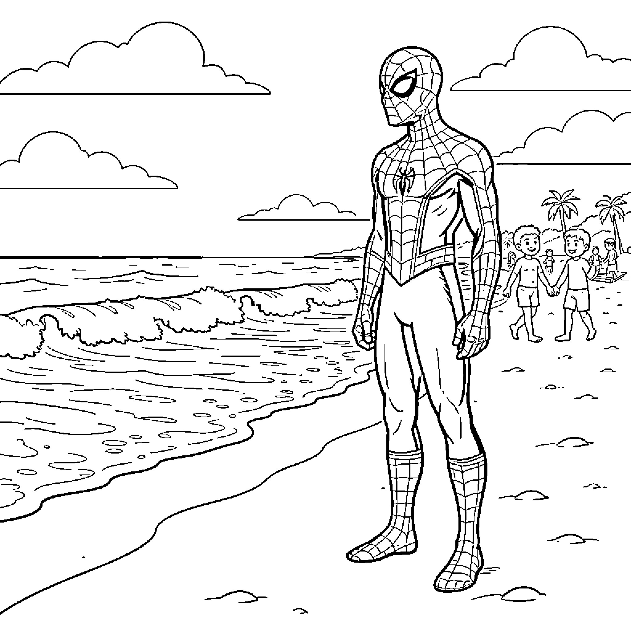 Spider-Man standing on a beach near children Coloring Page (free black-and-white line drawing printable PDF for all, from beginners to advanced learners, including children, teens, adults, and seniors)