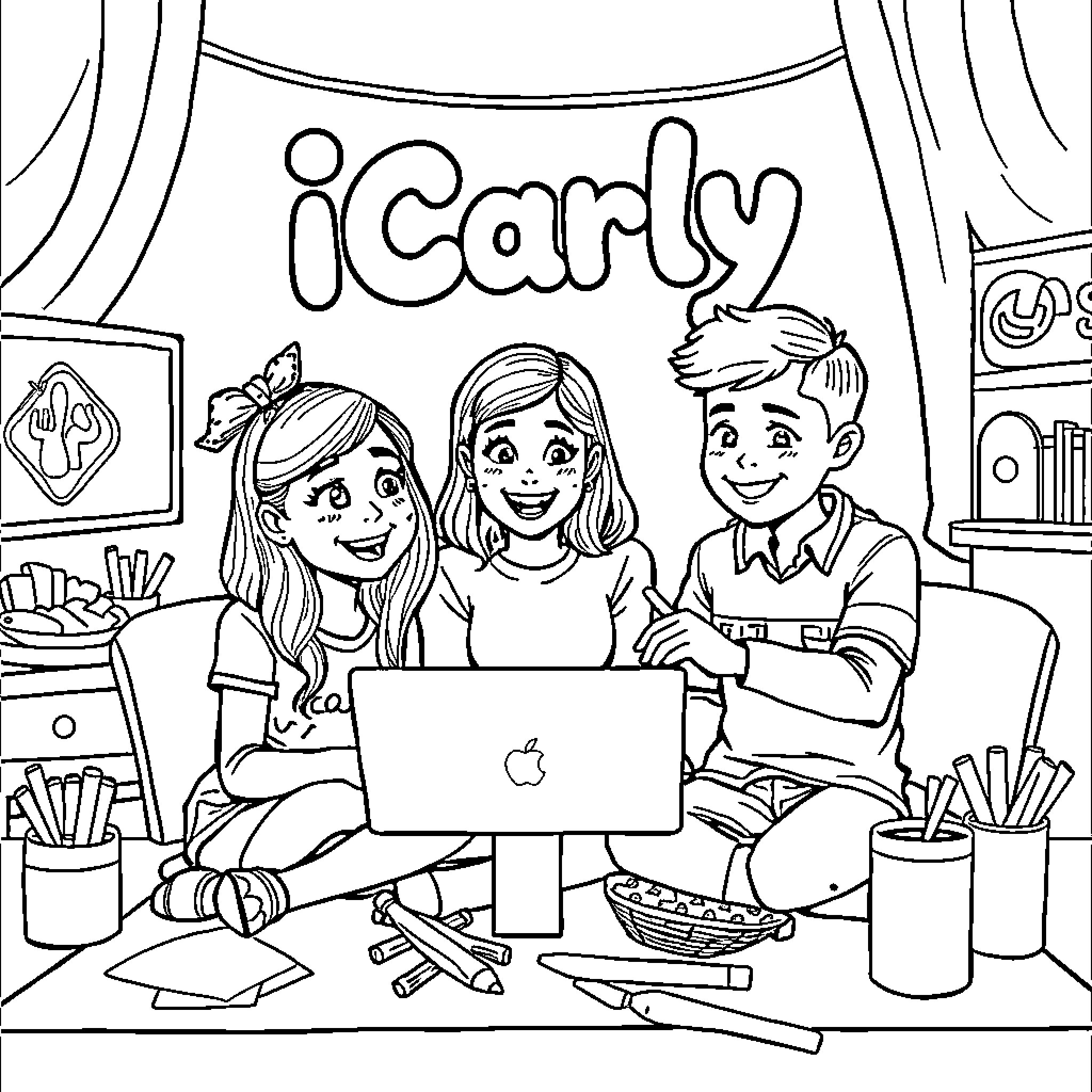 iCarly: Friends Enjoying Fun Activities Together Coloring Page (free black-and-white line drawing printable PDF for all, from beginners to advanced learners, including children, teens, adults, and seniors)