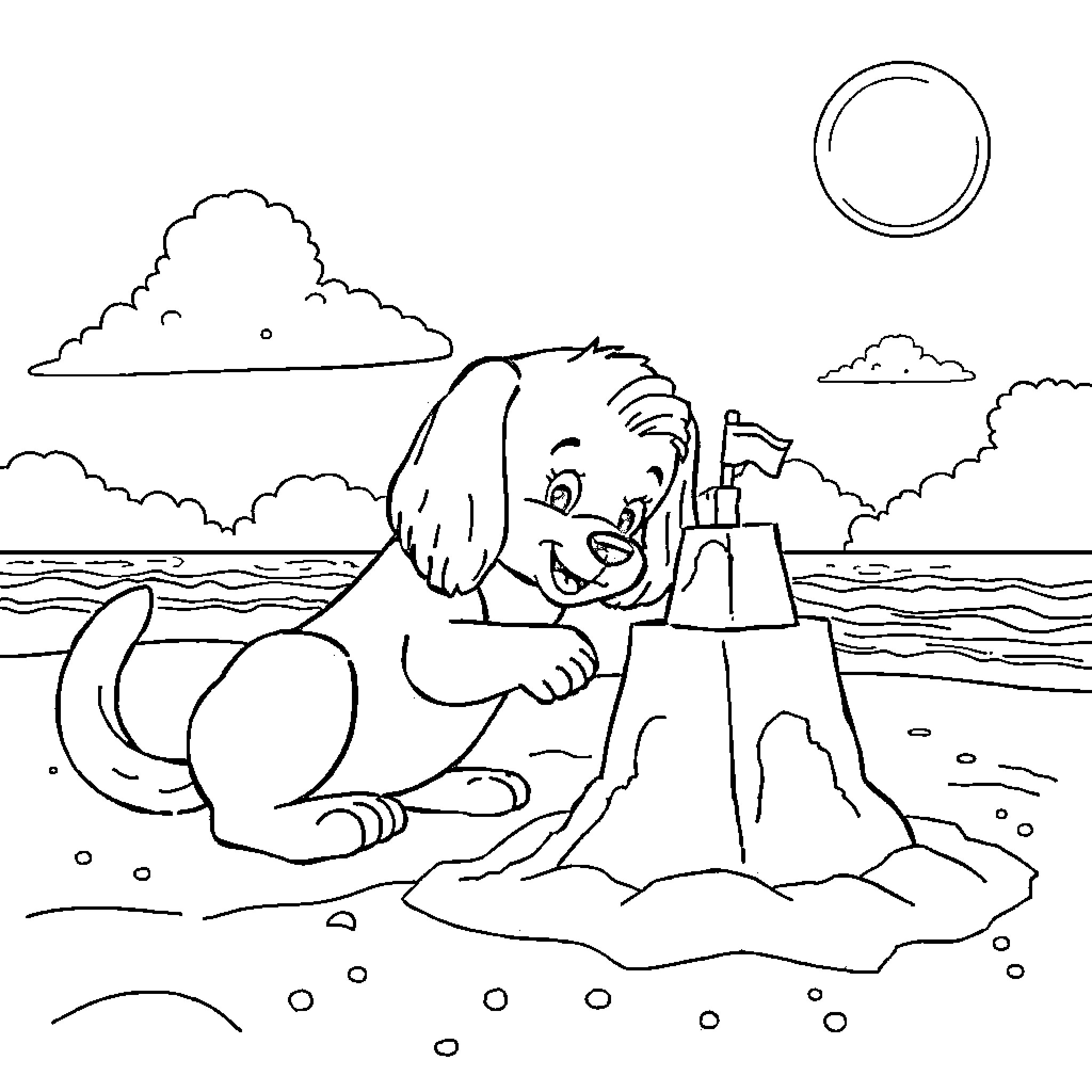 Goldie's Beachside Adventure Coloring Page (free black-and-white line drawing printable PDF for all, from beginners to advanced learners, including children, teens, adults, and seniors)