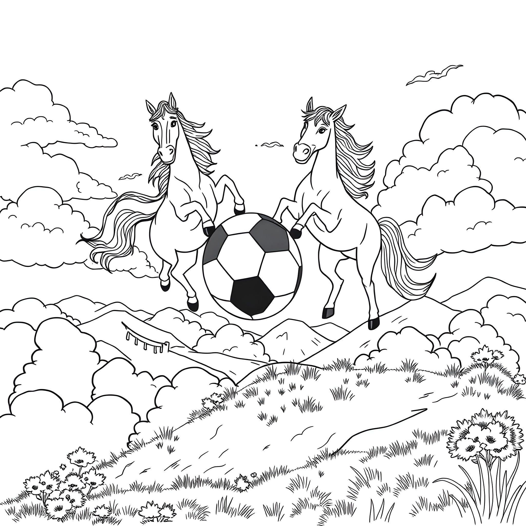 Horses playing with soccer ball in grassy field Coloring Page (free black-and-white line drawing printable PDF for all, from beginners to advanced learners, including children, teens, adults, and seniors)