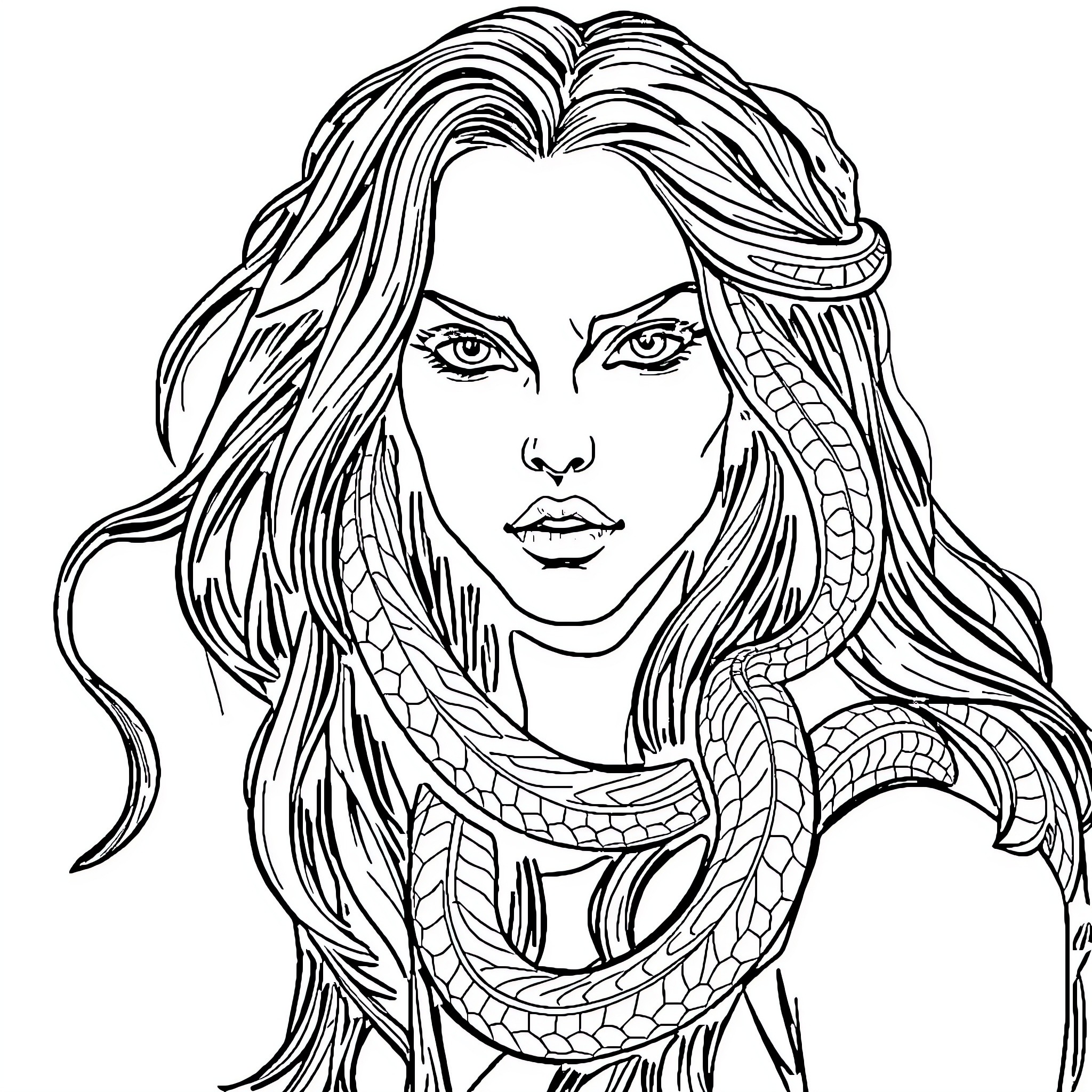 Medusa's Gorgon Gaze: A Mythical Portrayal Coloring Page (free black-and-white line drawing printable PDF for all, from beginners to advanced learners, including children, teens, adults, and seniors)