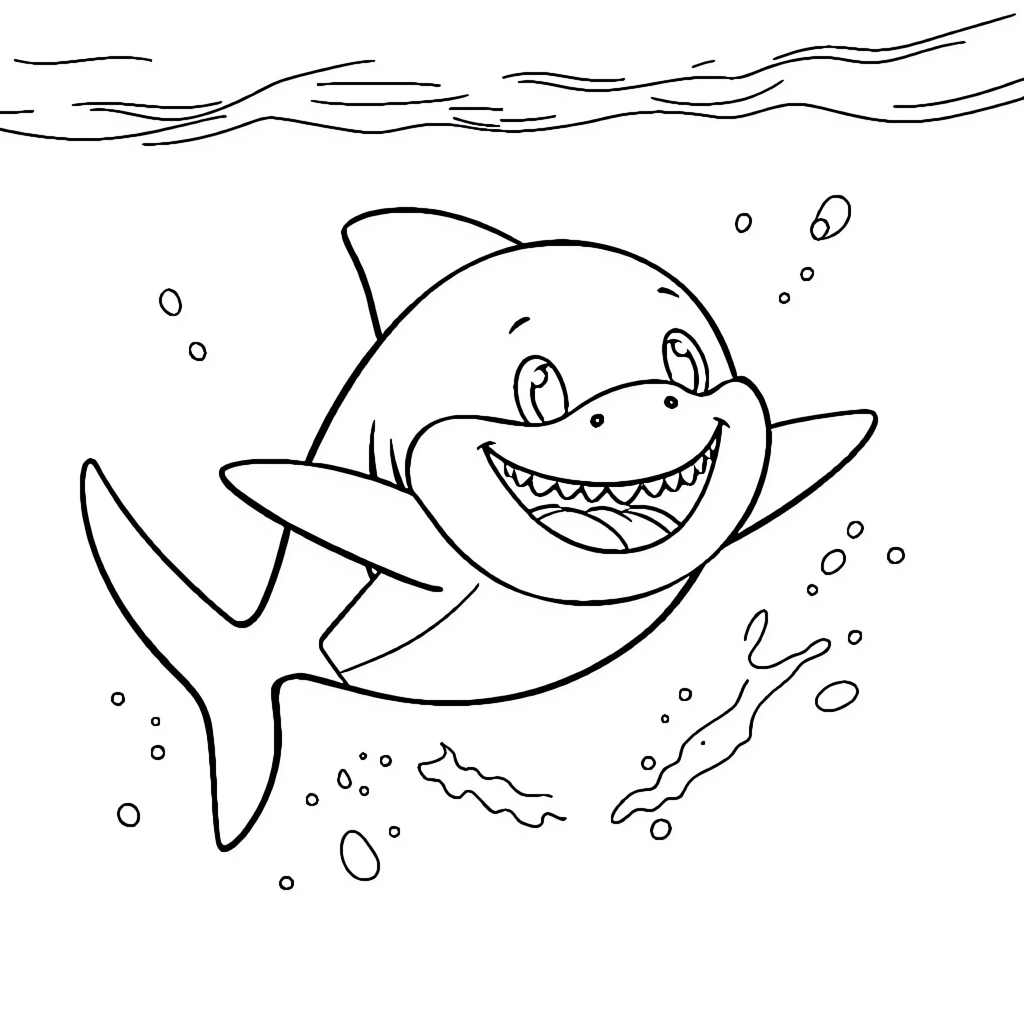 Shark swimming happily in the ocean Coloring Page (free black-and-white line drawing printable PDF for all, from beginners to advanced learners, including children, teens, adults, and seniors)