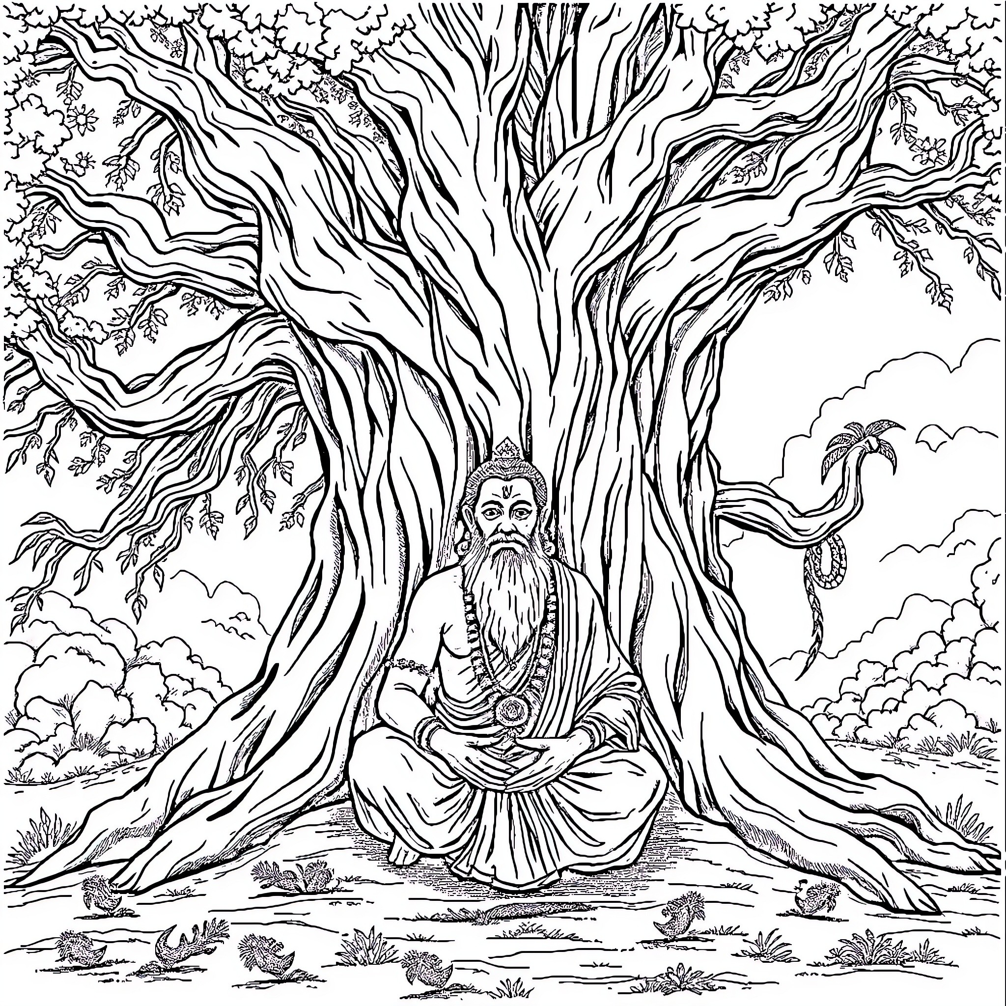 Daduram's Tranquil Meditation in the Enchanted Forest Coloring Page (free black-and-white line drawing printable PDF for all, from beginners to advanced learners, including children, teens, adults, and seniors)