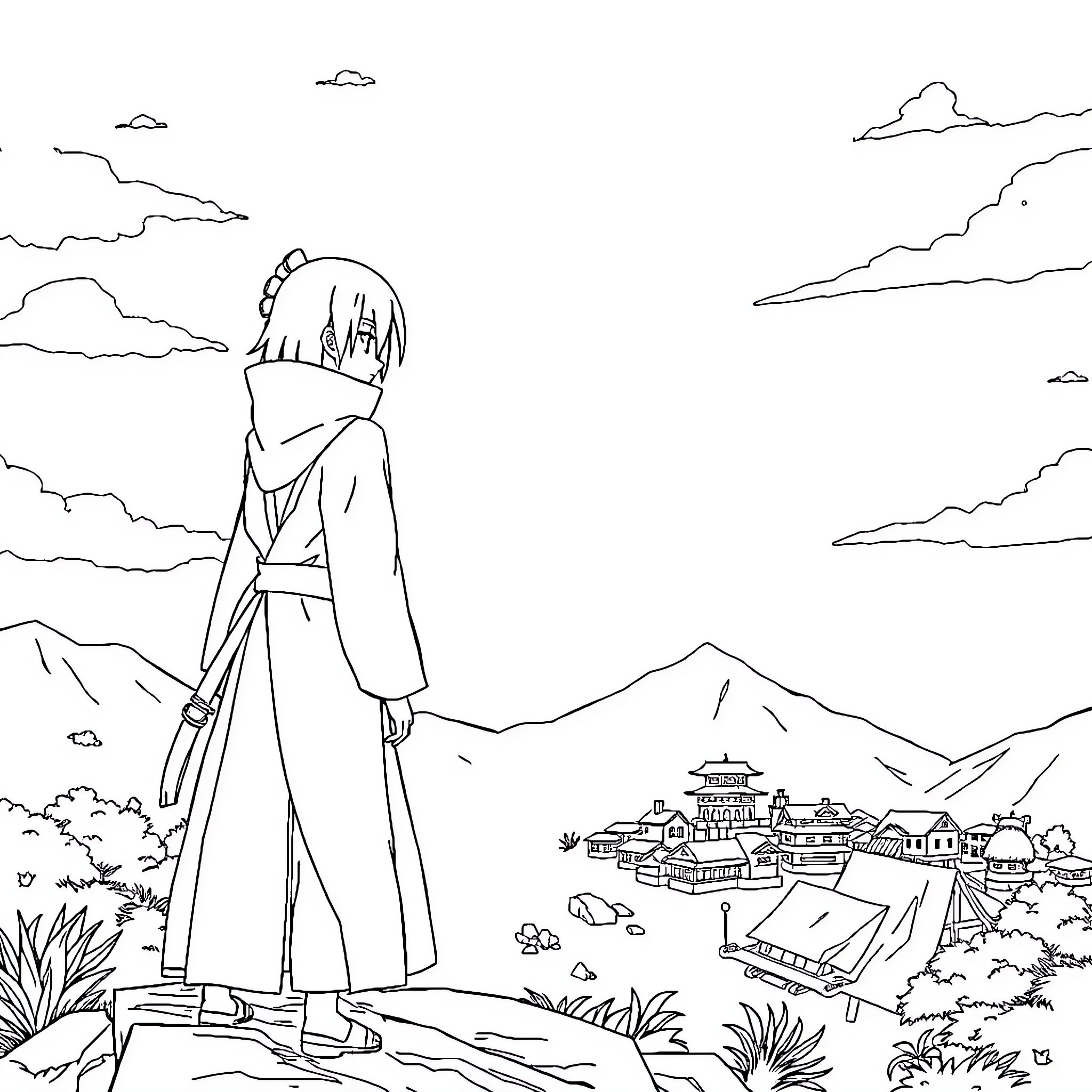 Sakura character overlooking peaceful town in the mountains Coloring Page (free black-and-white line drawing printable PDF for all, from beginners to advanced learners, including children, teens, adults, and seniors)