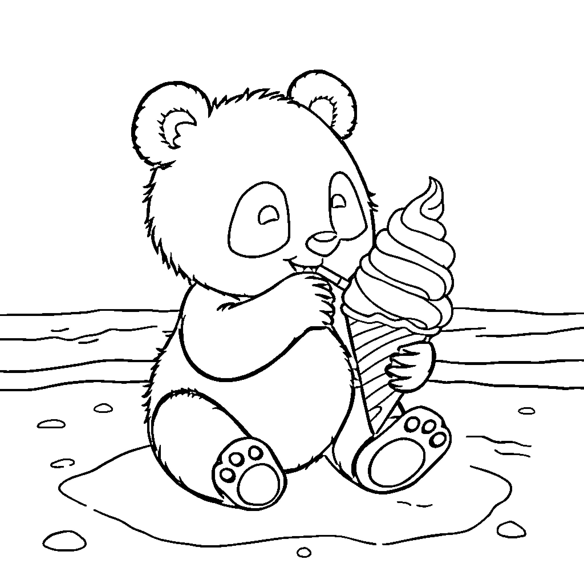 Panda enjoying a refreshing ice cream Coloring Page (free black-and-white line drawing printable PDF for all, from beginners to advanced learners, including children, teens, adults, and seniors)