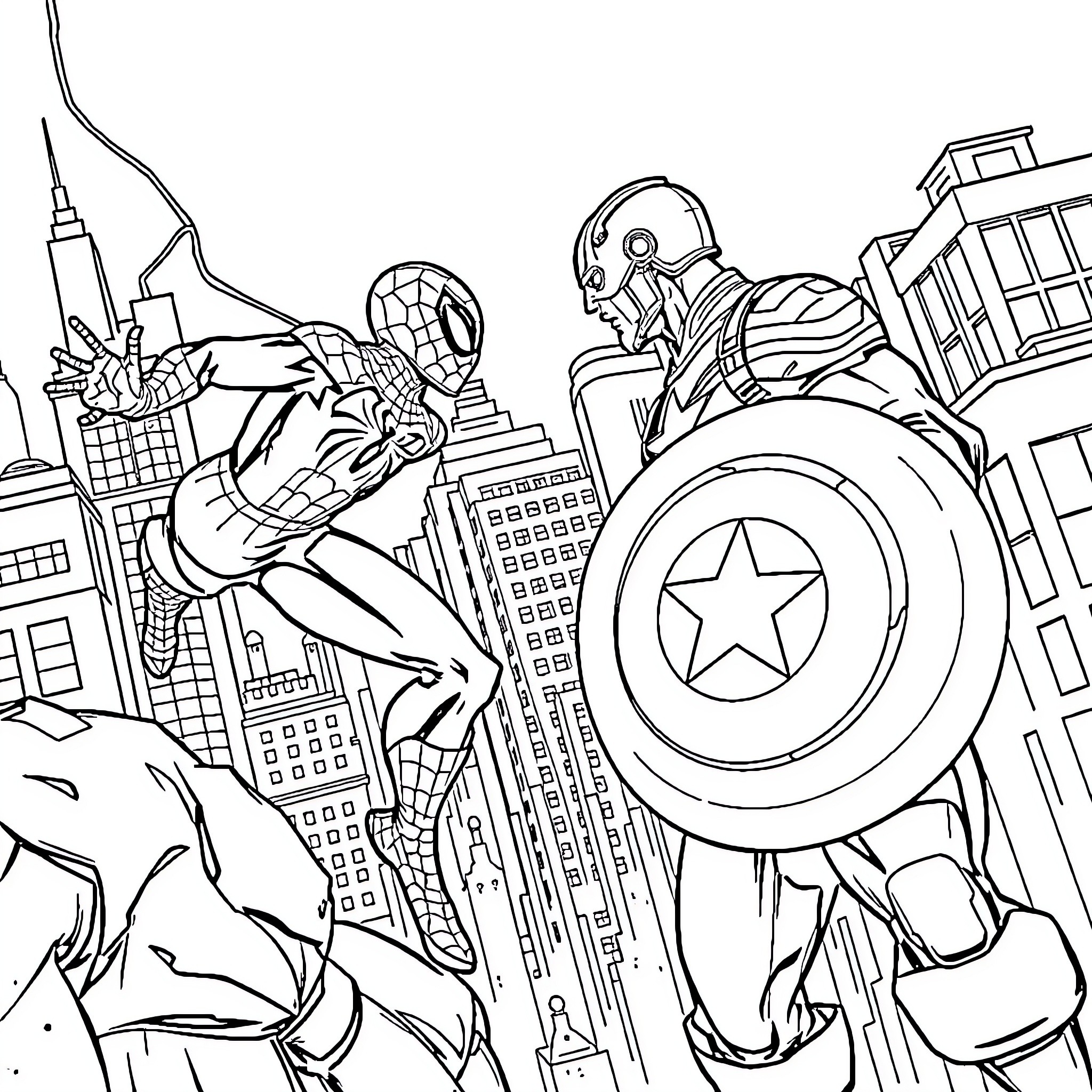 Spiderman clashing with Captain America in the city Coloring Page (free black-and-white line drawing printable PDF for all, from beginners to advanced learners, including children, teens, adults, and seniors)