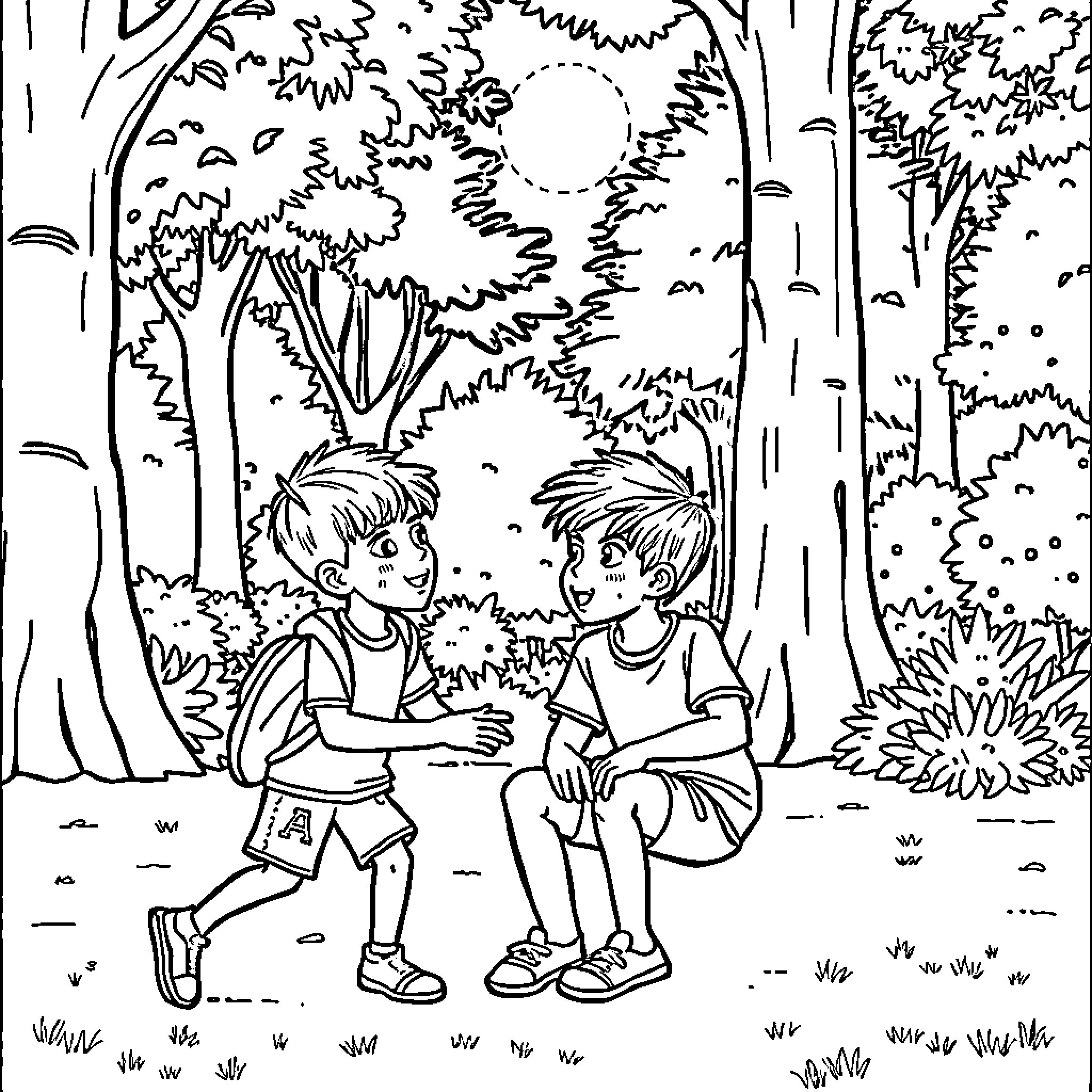 Boy friends enjoying outdoor adventure in nature Coloring Page (free black-and-white line drawing printable PDF for all, from beginners to advanced learners, including children, teens, adults, and seniors)