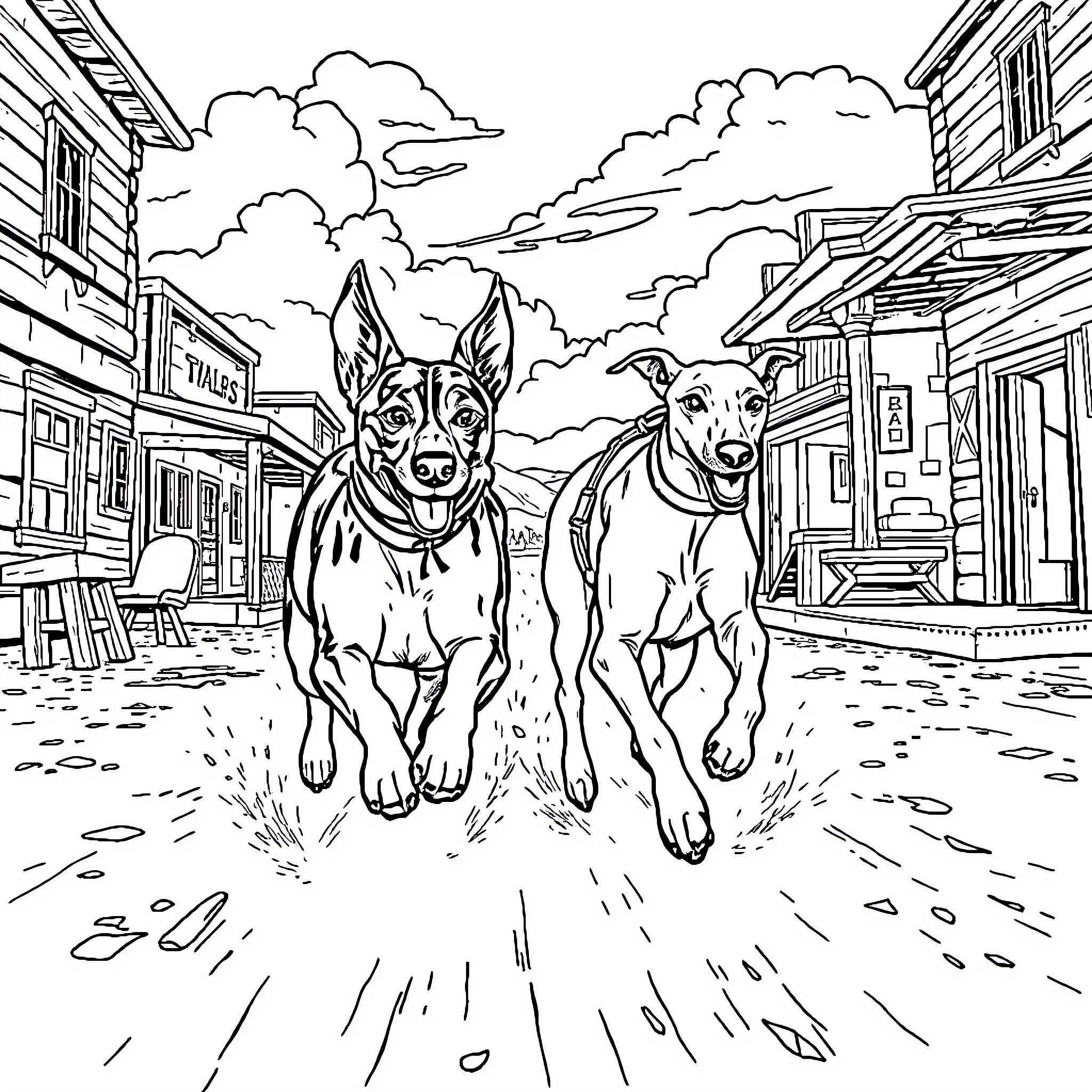 Dog friends exploring the town street Coloring Page (free black-and-white line drawing printable PDF for all, from beginners to advanced learners, including children, teens, adults, and seniors)