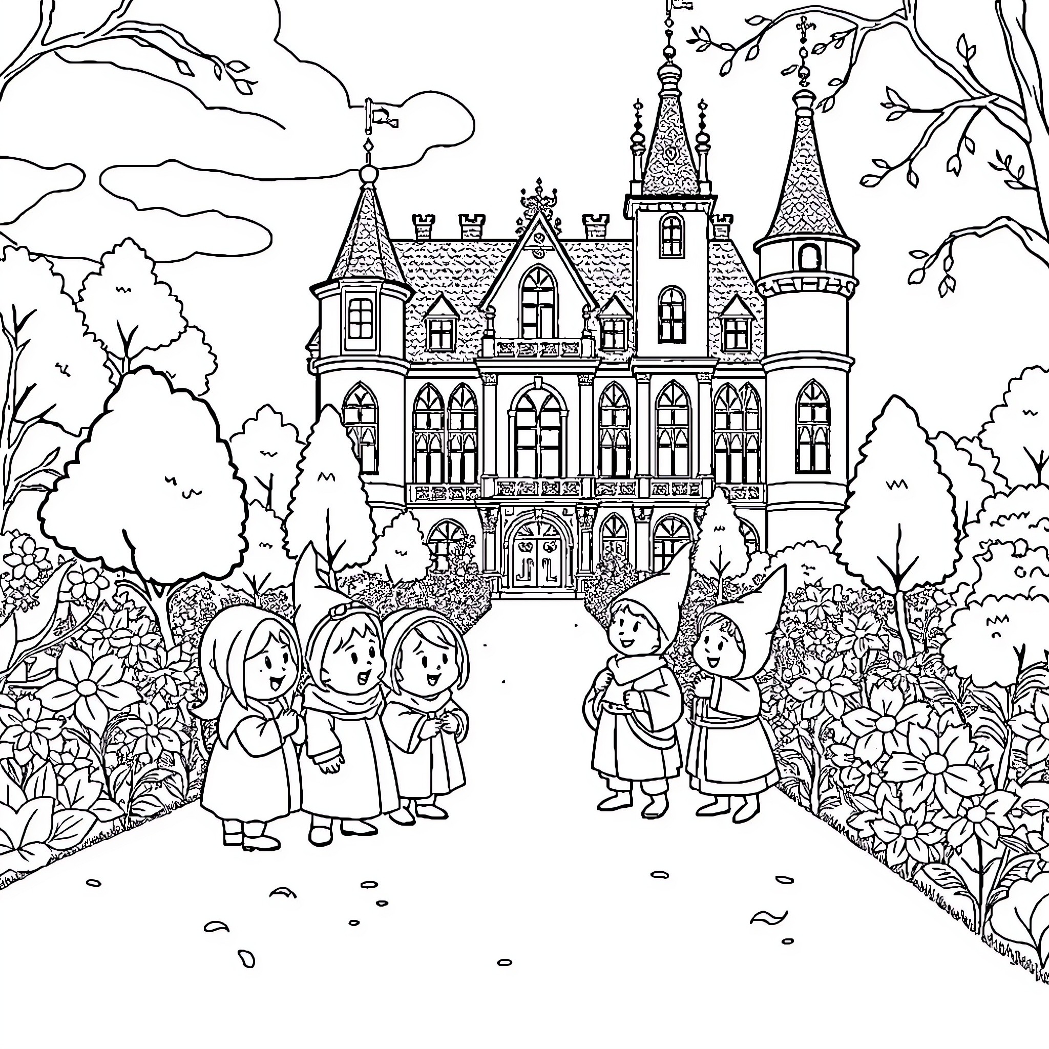 Cinderella's Fairytale Castle and Characters Coloring Page (free black-and-white line drawing printable PDF for all, from beginners to advanced learners, including children, teens, adults, and seniors)