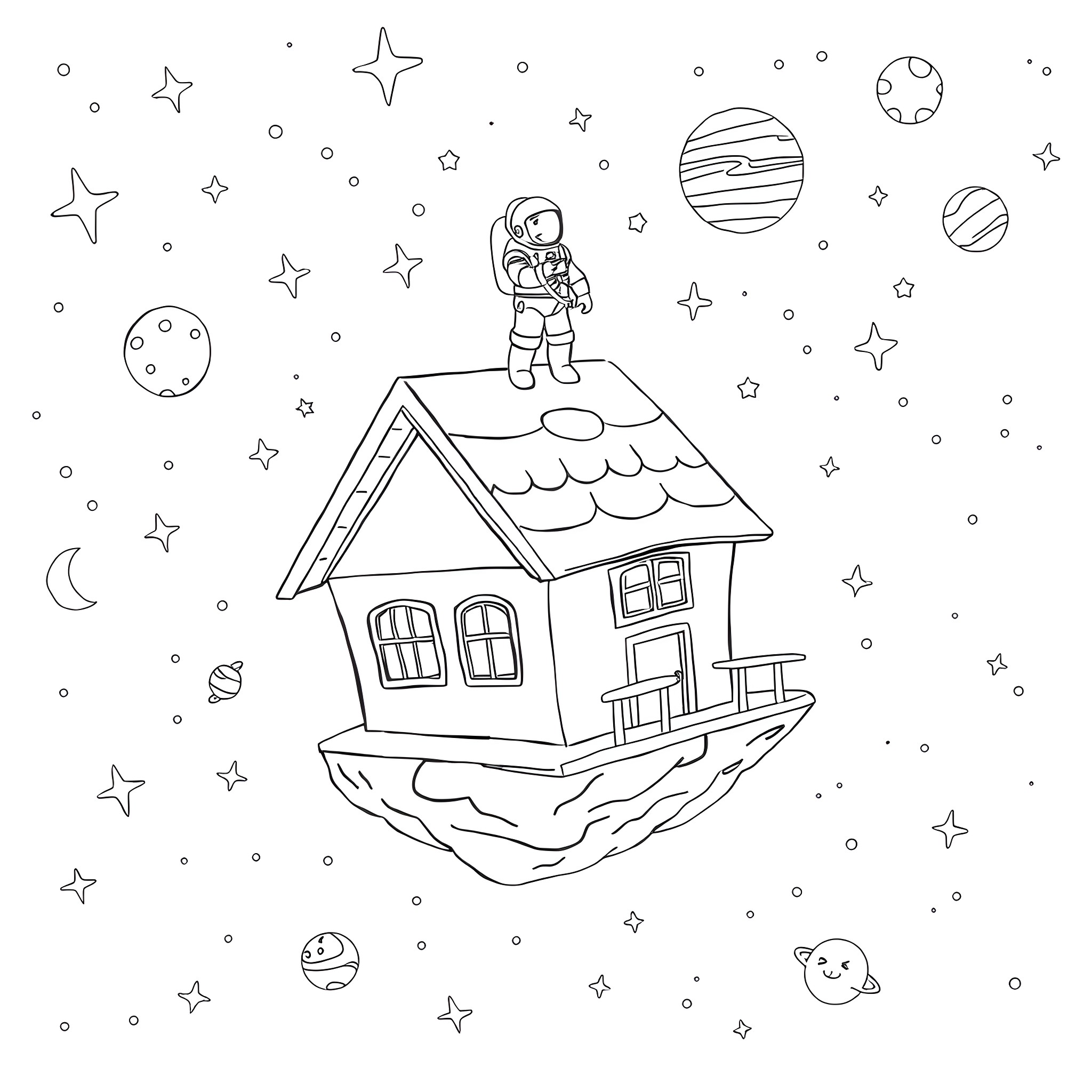 House in the starry night sky with astronaut Coloring Page (free black-and-white line drawing printable PDF for all, from beginners to advanced learners, including children, teens, adults, and seniors)
