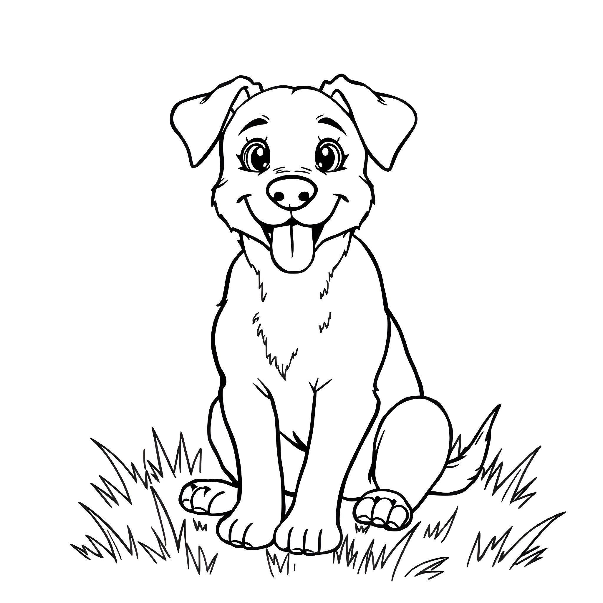 Dog sitting happily in the grass Coloring Page (free black-and-white line drawing printable PDF for all, from beginners to advanced learners, including children, teens, adults, and seniors)