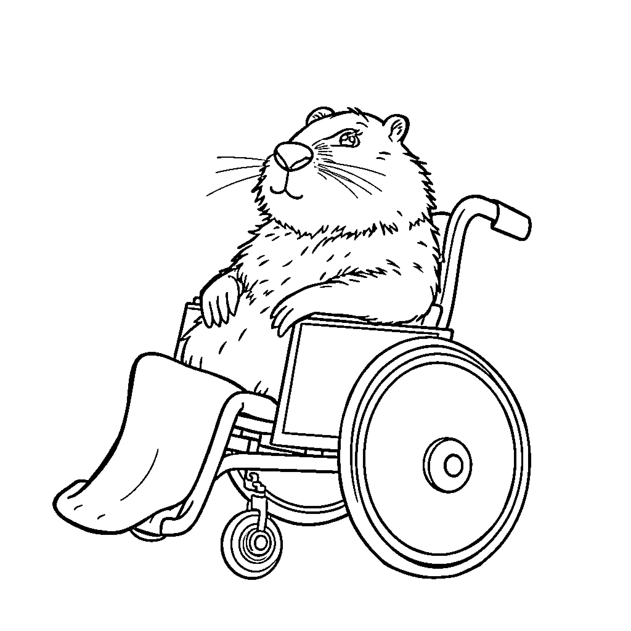 Beaver in a wheelchair, looking determined Coloring Page (free black-and-white line drawing printable PDF for all, from beginners to advanced learners, including children, teens, adults, and seniors)
