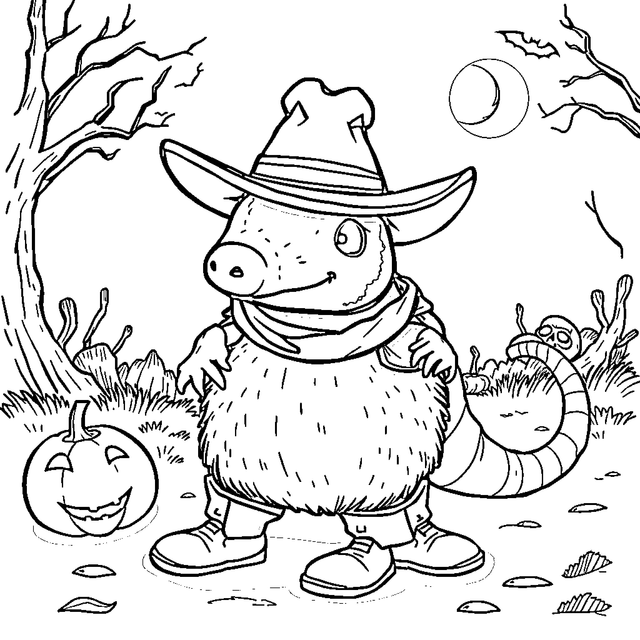 Armadillo in Cowboy Costume Enjoying Spooky Autumn Night Coloring Page (free black-and-white line drawing printable PDF for all, from beginners to advanced learners, including children, teens, adults, and seniors)