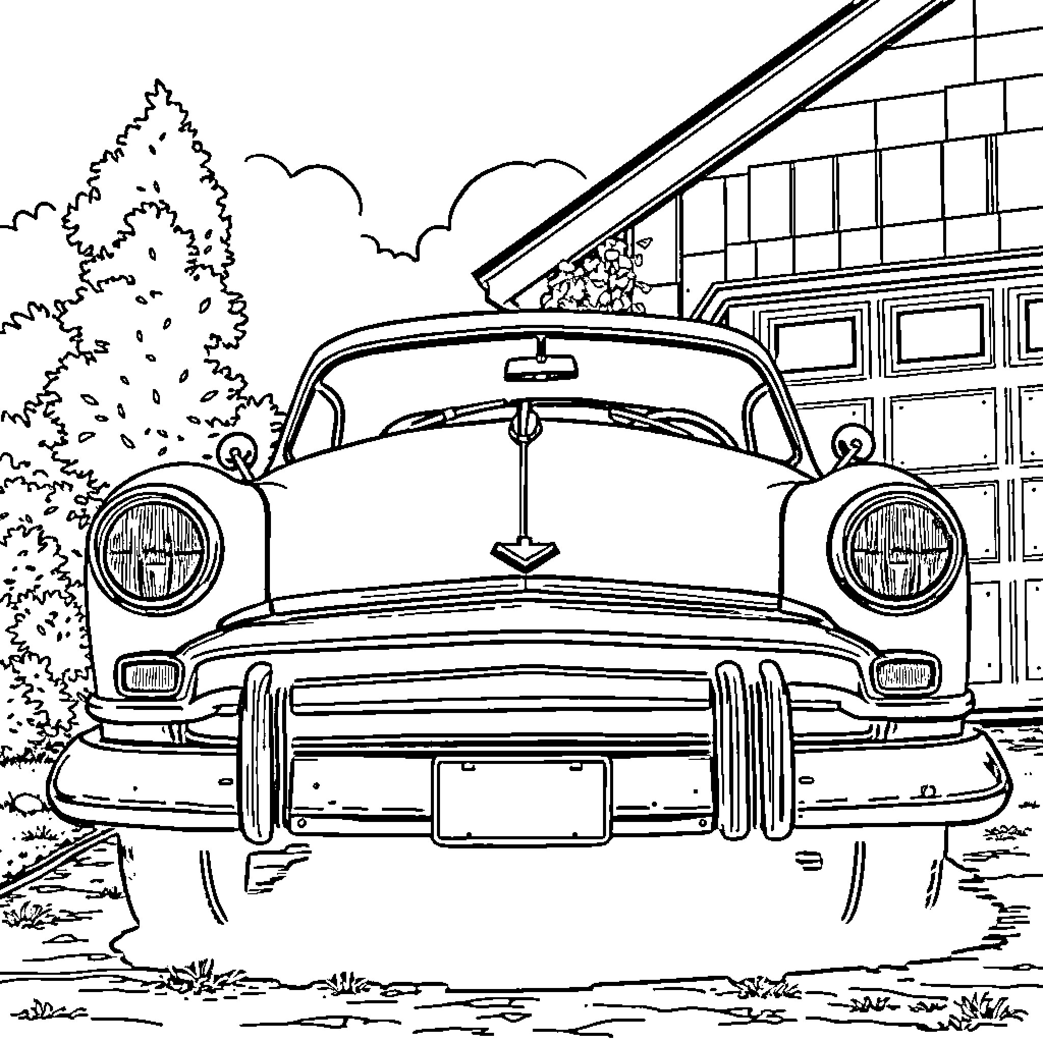 Car in the city with trees and buildings Coloring Page (free black-and-white line drawing printable PDF for all, from beginners to advanced learners, including children, teens, adults, and seniors)