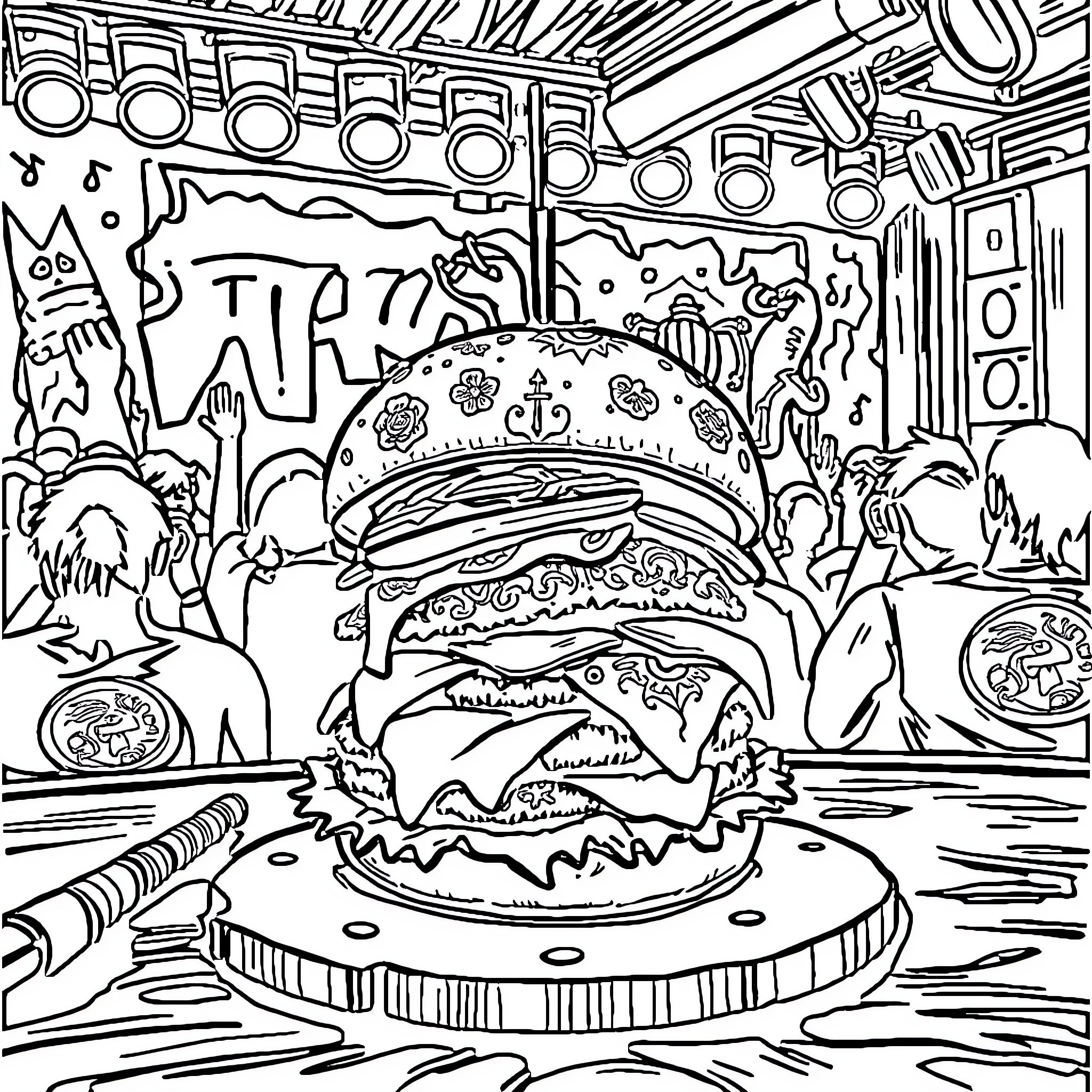 Burger with Musical Notes and Vibrant Surroundings Coloring Page (free black-and-white line drawing printable PDF for all, from beginners to advanced learners, including children, teens, adults, and seniors)