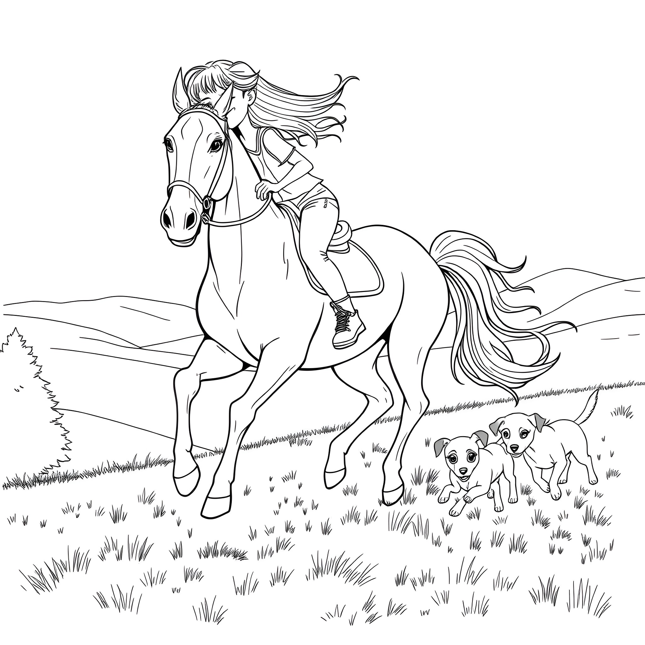 Teen Girl Riding Horse with Puppy Companions Coloring Page (free black-and-white line drawing printable PDF for all, from beginners to advanced learners, including children, teens, adults, and seniors)