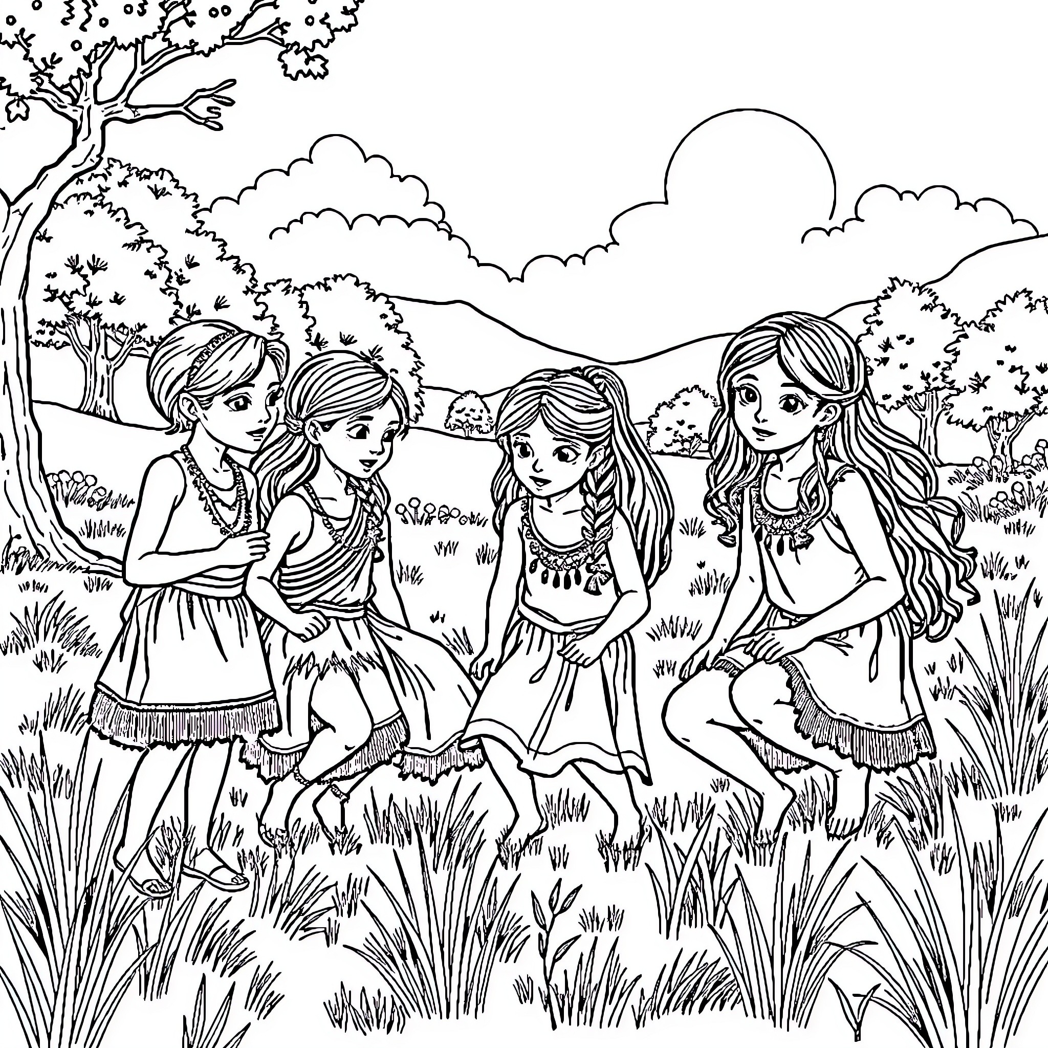 Girls playing joyfully in a scenic outdoor setting Coloring Page (free black-and-white line drawing printable PDF for all, from beginners to advanced learners, including children, teens, adults, and seniors)
