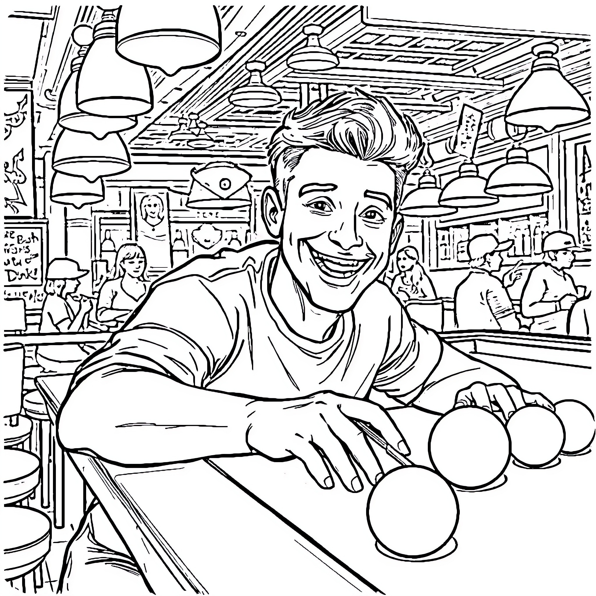 Person Smiling in Busy Cafe Setting Coloring Page (free black-and-white line drawing printable PDF for all, from beginners to advanced learners, including children, teens, adults, and seniors)