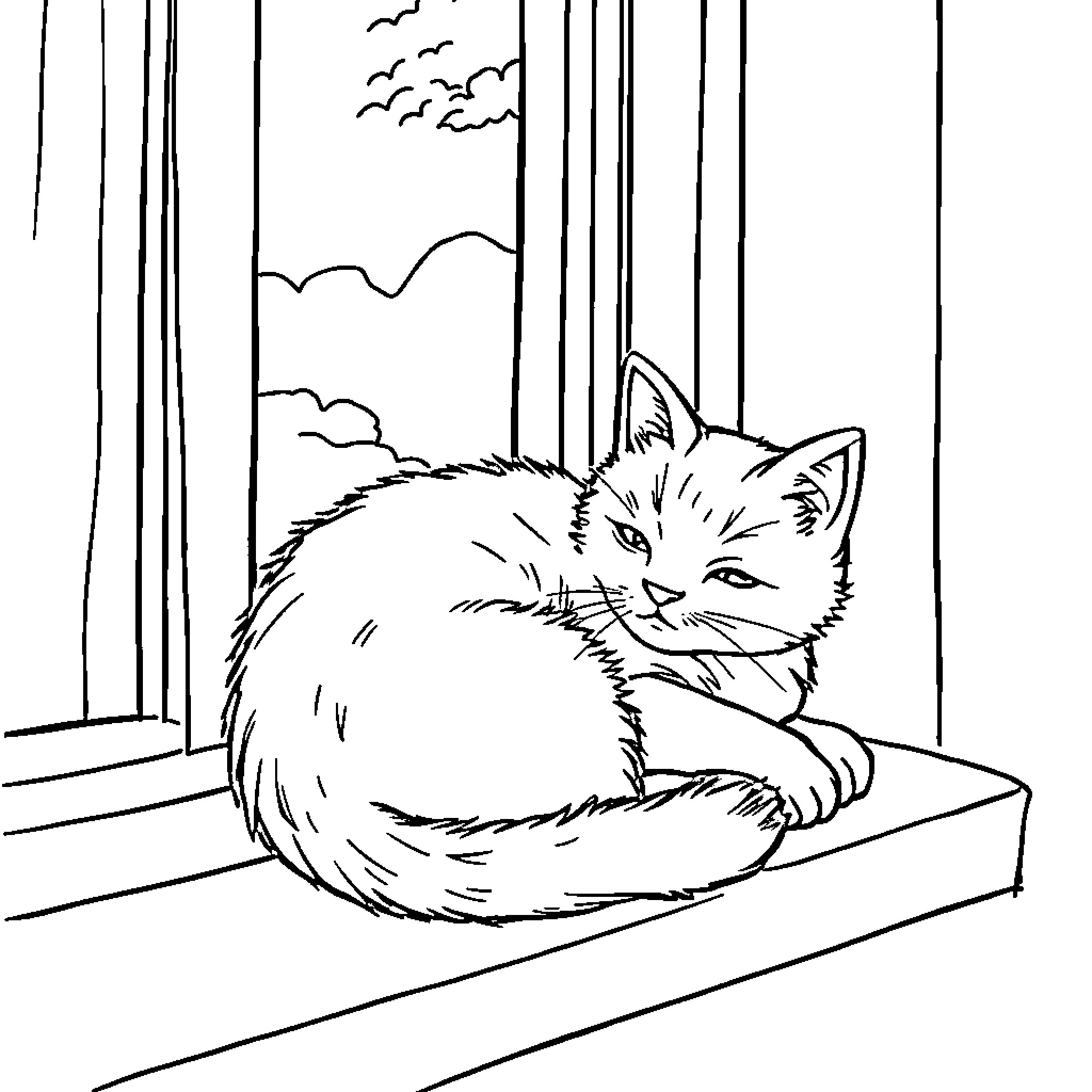 Cat resting peacefully by the window Coloring Page (free black-and-white line drawing printable PDF for all, from beginners to advanced learners, including children, teens, adults, and seniors)