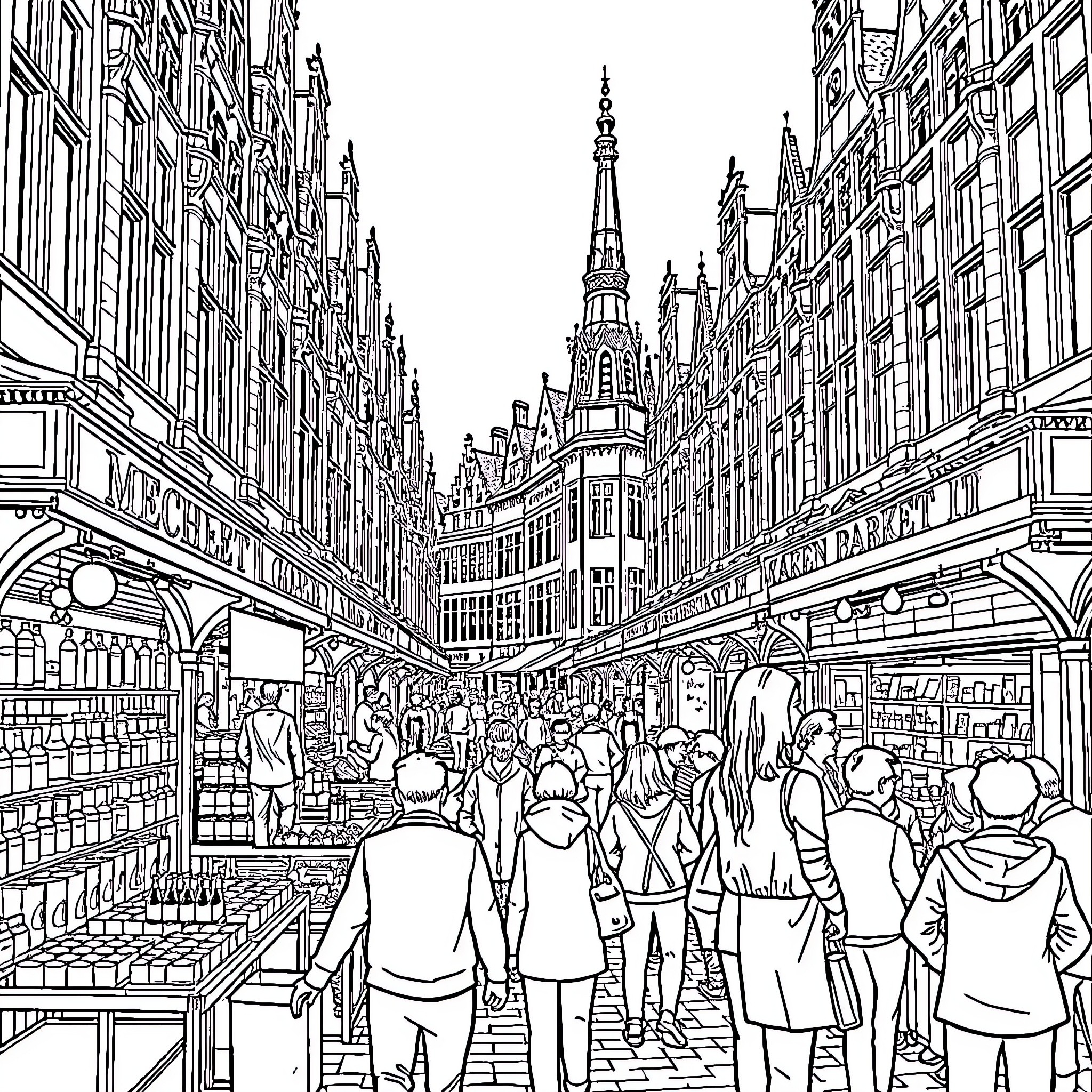 Market Street with Bustling Crowd and Architecture Coloring Page (free black-and-white line drawing printable PDF for all, from beginners to advanced learners, including children, teens, adults, and seniors)