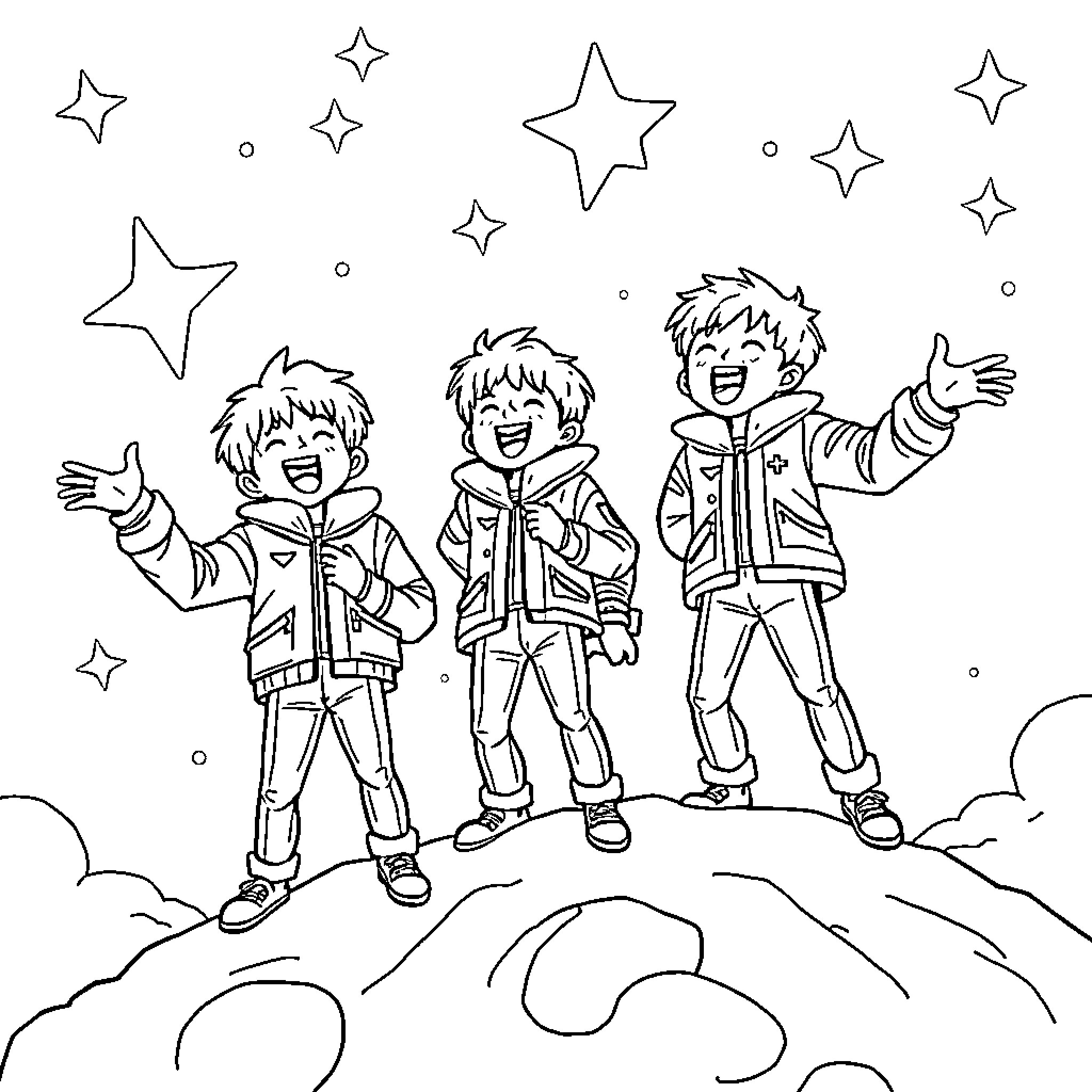 Boys playing and reaching for the stars Coloring Page (free black-and-white line drawing printable PDF for all, from beginners to advanced learners, including children, teens, adults, and seniors)
