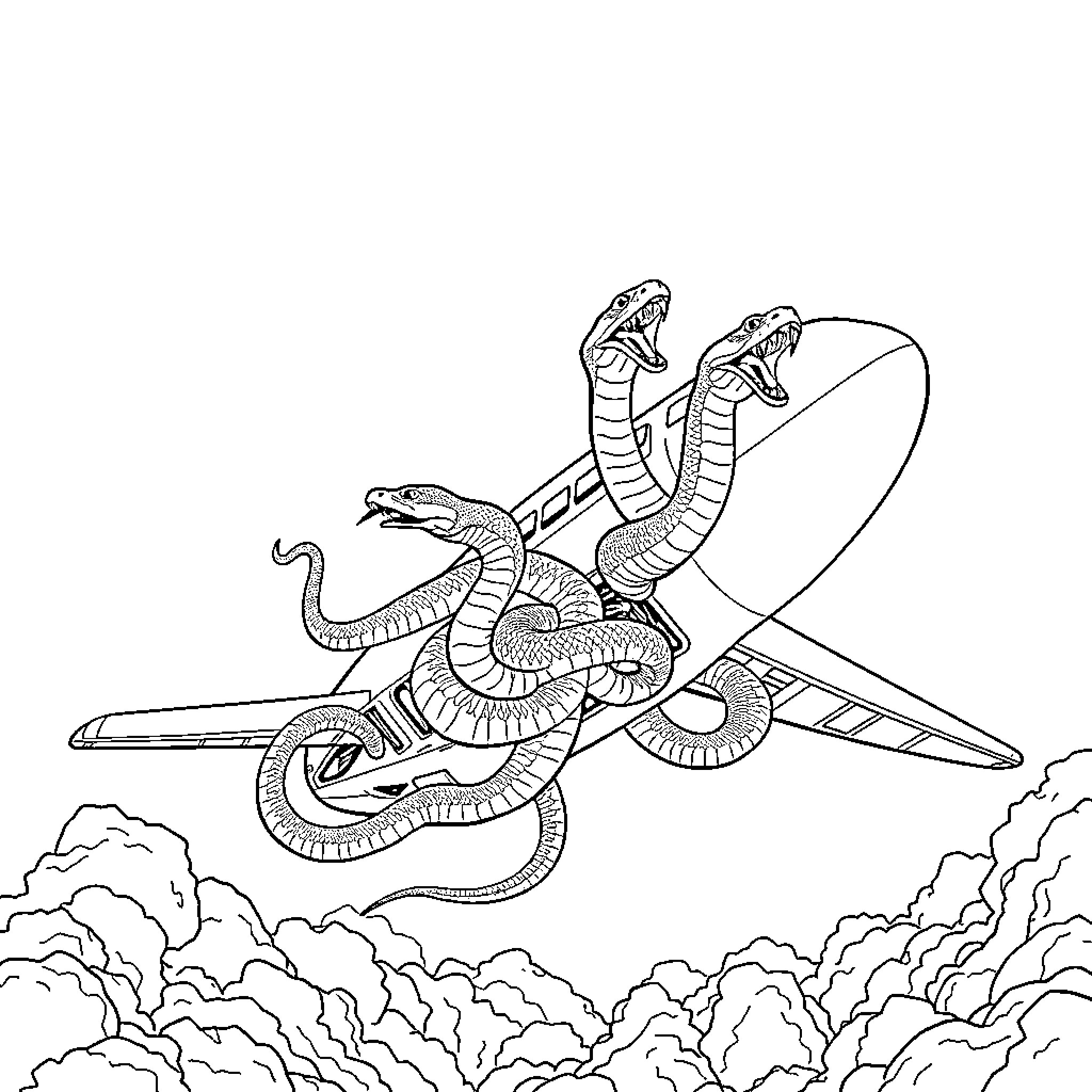 Snake knights battling on a flying sword Coloring Page (free black-and-white line drawing printable PDF for all, from beginners to advanced learners, including children, teens, adults, and seniors)