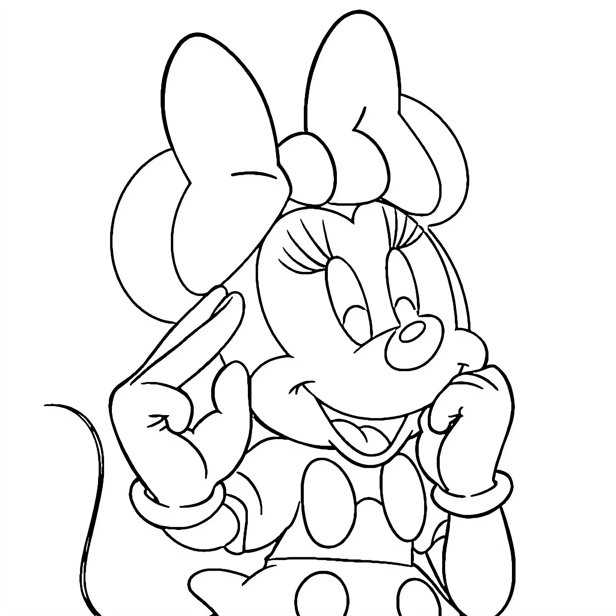 Minnie Mouse in a playful and cheerful pose Coloring Page (free black-and-white line drawing printable PDF for all, from beginners to advanced learners, including children, teens, adults, and seniors)