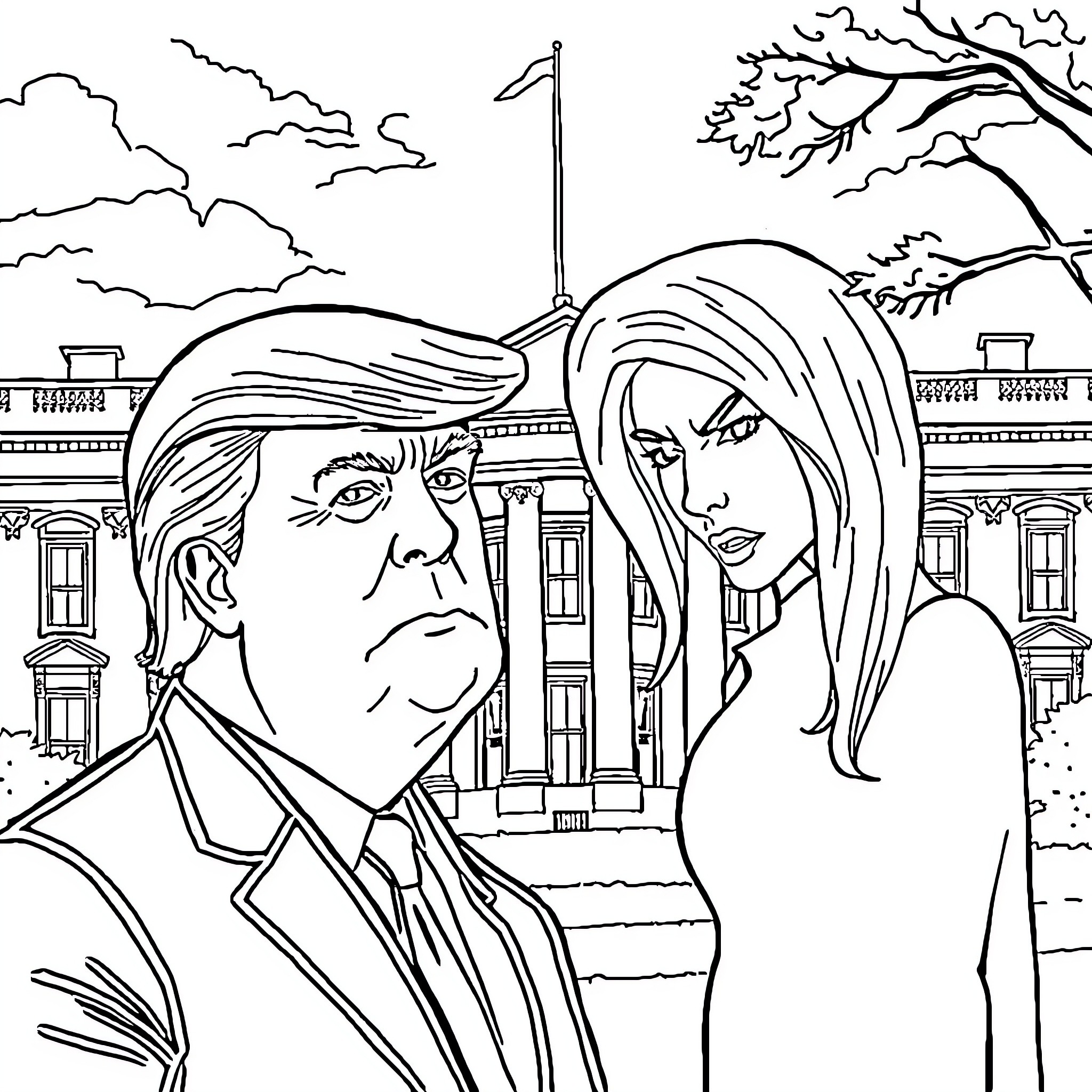 Trump and the First Lady in front of the White House Coloring Page (free black-and-white line drawing printable PDF for all, from beginners to advanced learners, including children, teens, adults, and seniors)